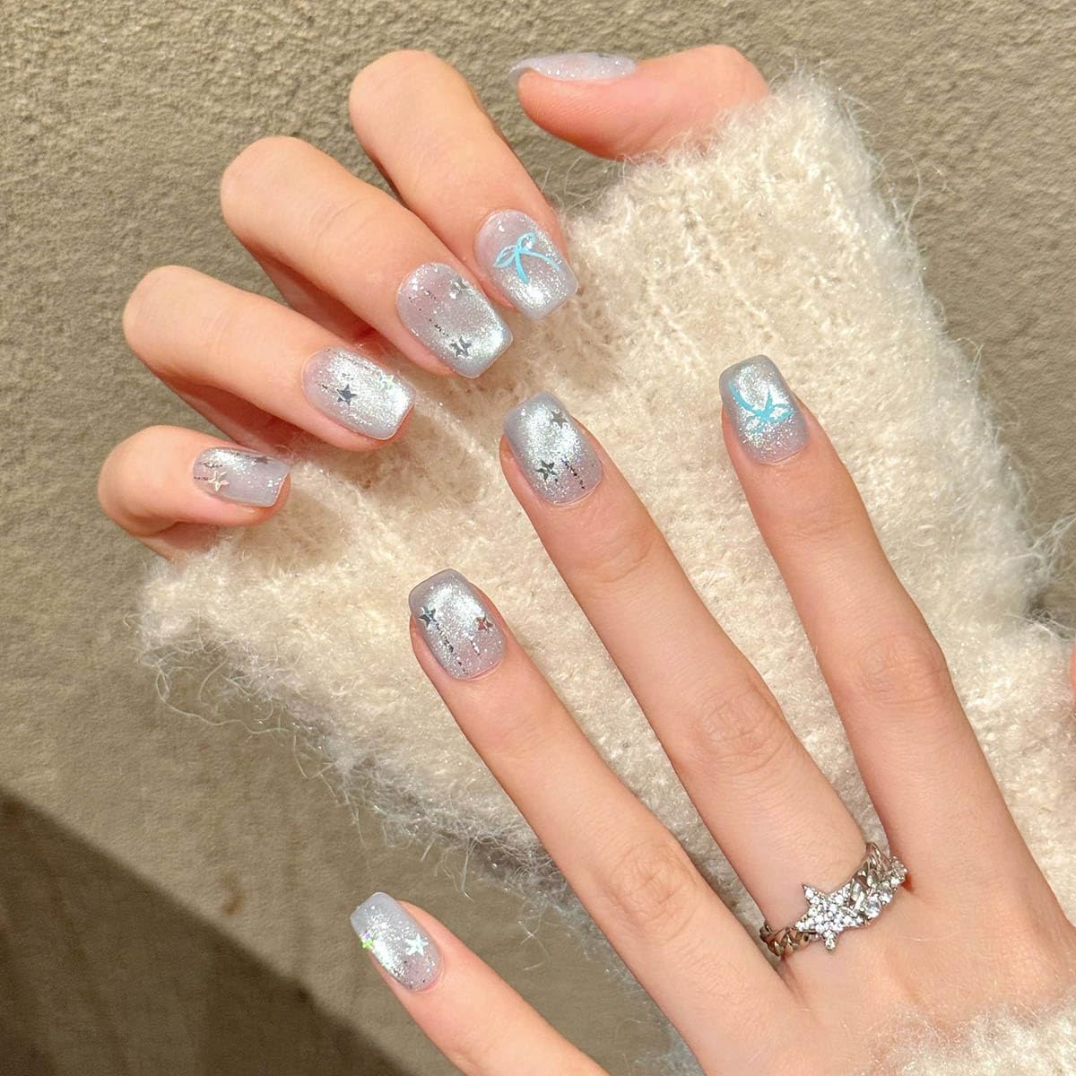 10Pcs Short Square Handmade Press On Nails | Easy Apply & Remove, Reusable Salon Quality Nails | Dreamy Glitter Fake Nails with 3D Star & Bow Accents (RR05, XS)