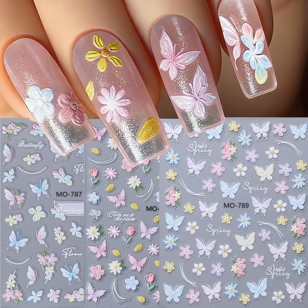 Butterfly Flower Nail Art Stickers Summer Spring 5D Embossed Nail Decals 3PCS Self-Adhesive Exquisite Floral Nail Stickers Flower Nail Art Accessories for Women Acrylic Manicure Nail Decoration DIY