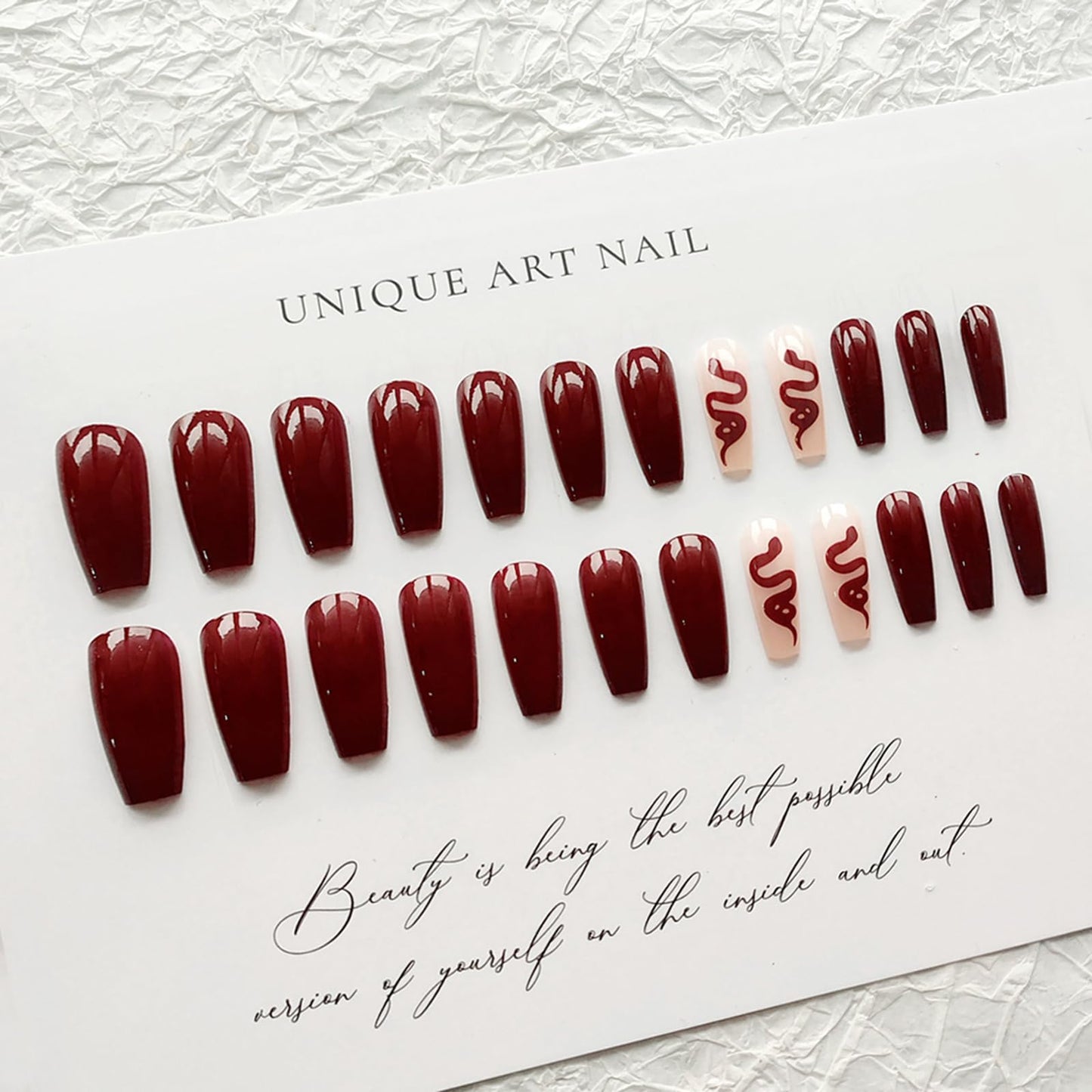 24PCS Burgundy Snake Print Press on Nails, Long Square Fake Nails Kit, Reusable Glossy Wine Red Acrylic Press On Nail False Nails for Women and Party Wear, Halloween Christmas Holiday Decorations