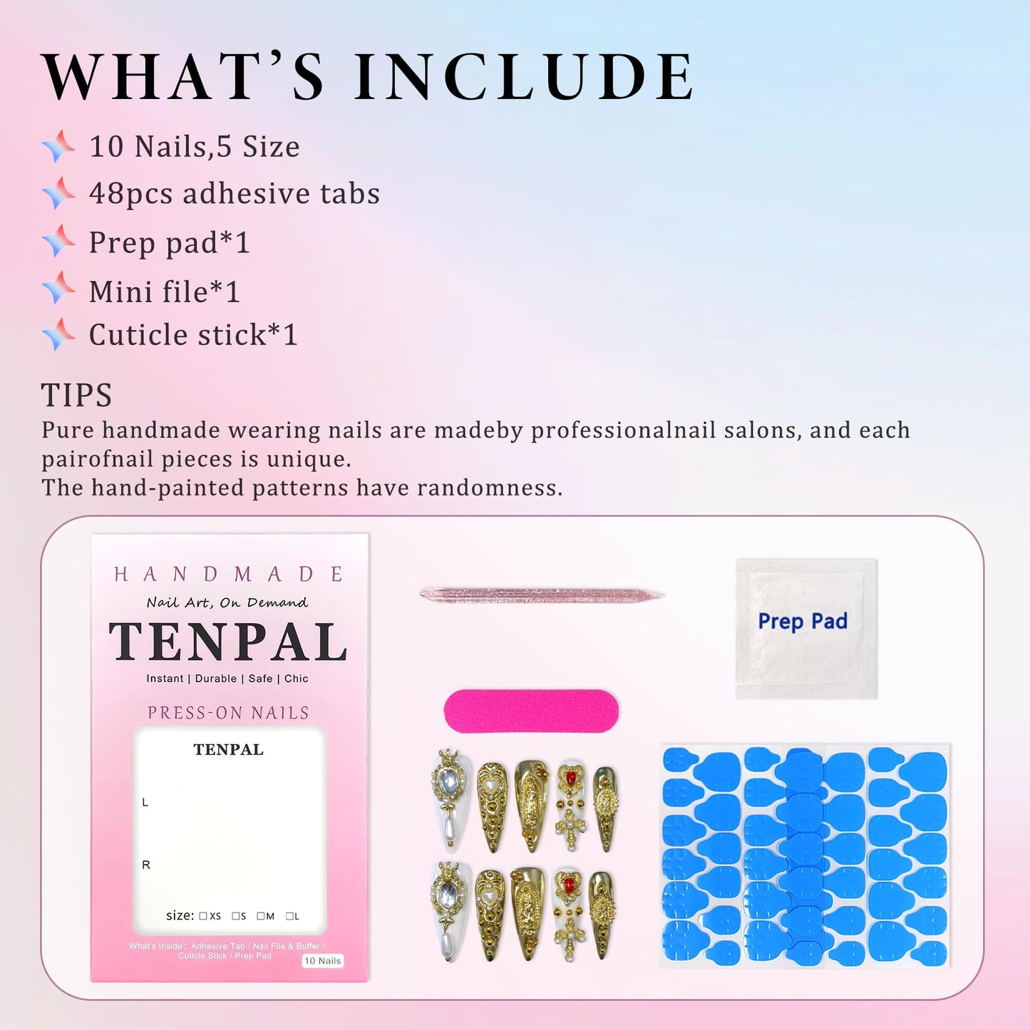 TENPAL 10Pcs Handmade Royal Press On Nails With Tools,Metallic Gold Long Stiletto Fake Nails with Pearl & Celestial Charms Designs,Sculpted 3D Baroque Acrylic Glue on Nails for Wedding Gothic Ball(L)