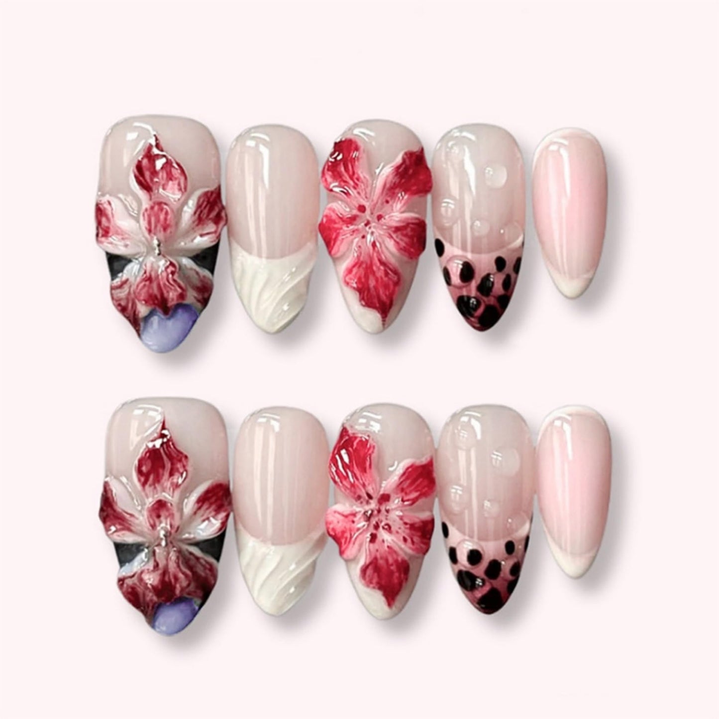 SEENEEY Almond Press on Nails Long Fake Nails French Artificial Nail Red Floral Designs Cute Stick on Nail for Women 24pcs