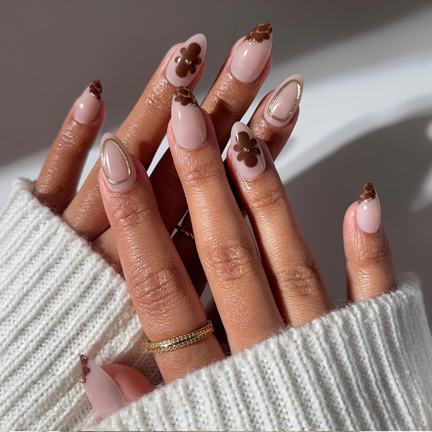 Glamnetic Short Almond Press-On Nails Bundle - Sicilian Sun, Sunbaked & Sunset Tide | Brown Fake Nails with a Velvet Finish | Tropical Nails with Brown Floral Designs, Gold Foil | False Nails Nails wi
