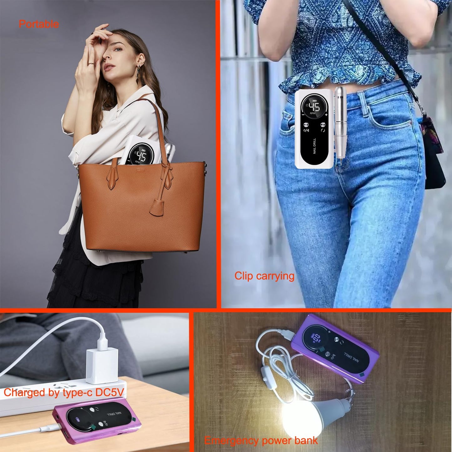 Electric 45000RPM Nail Drill Machine Rechargeable Portable Nail File Electric DIY Nail Drill Kit with Smart LCD Screen for Gel Nail Manicure and Pedicure Reflective Body etc(Pink)