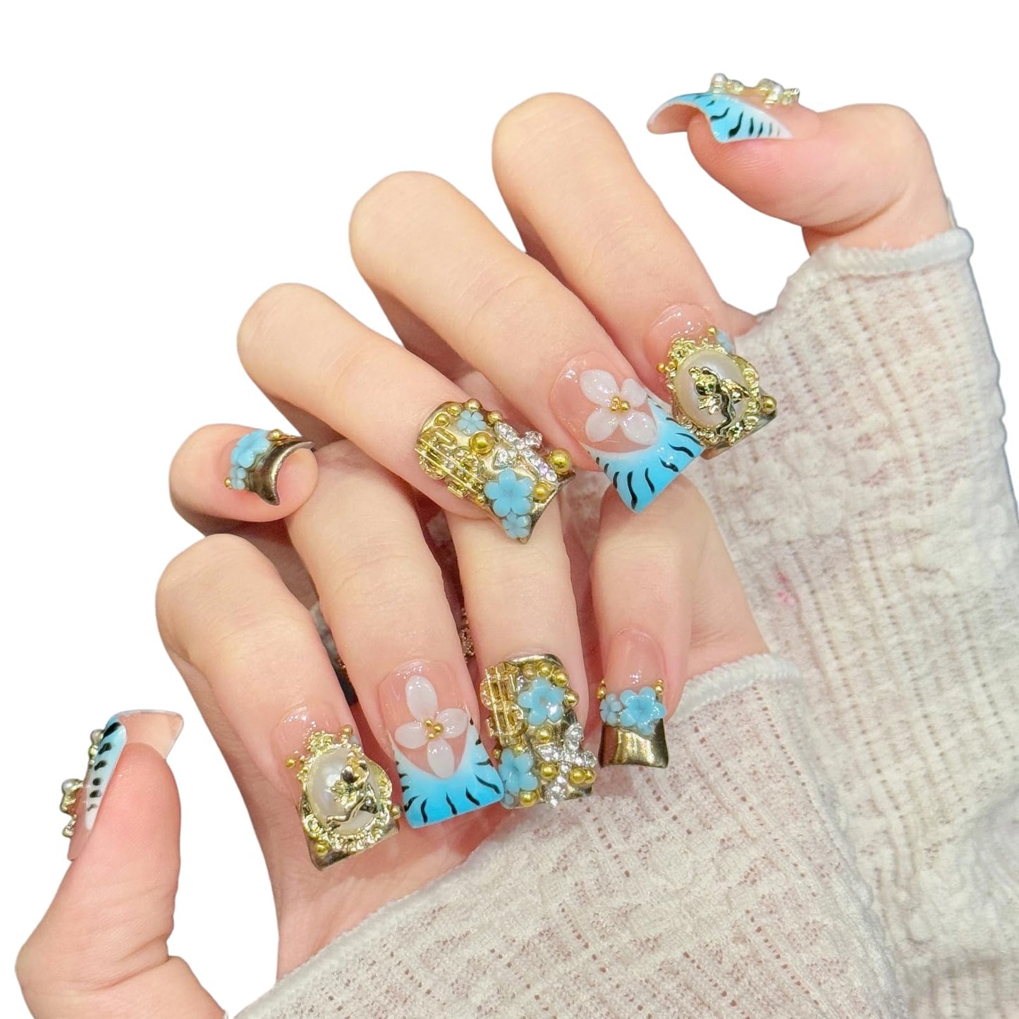 Tesytto Handmade Press On Nails Blue Zebra Short with Gold Angel Cross 3D Flower Rhinestone Charm, Stick On Fake Nails for Women, Reusable Baroque Vintage False Nails,10 Pcs(Baroque Enchanted Dream,S)