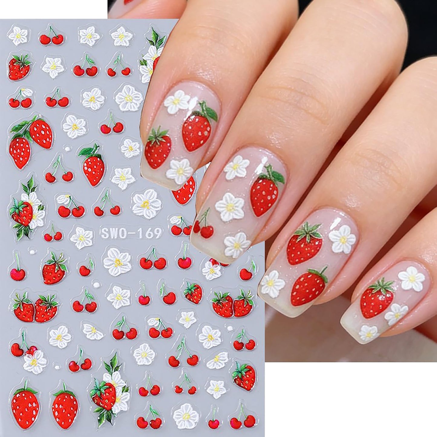 CJDLTS 2 Sheets Strawberry Flower Nail Art Stickers 3D Self -Adhesive Cute Strawberry White Floral Nail Decals Holographic Spring Nails Stickers for Women Summer Acrylic Nails Decoration Supplies
