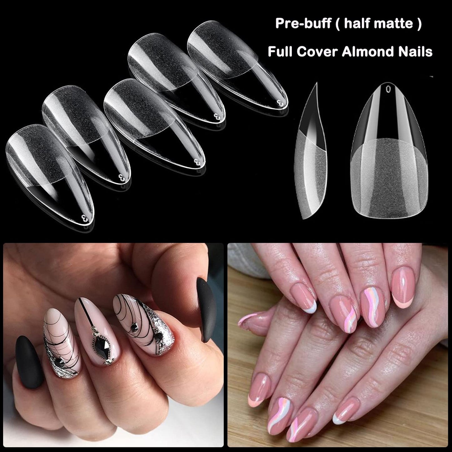 LoveOurHome 600pc Almond Nail Tips Medium Fake Nails Clear Press on Nail Almond Full Cover Short Stiletto Soft Gel Nails Tip Medium Artificial False Fingernails for Gel Acrylic Nail Extension
