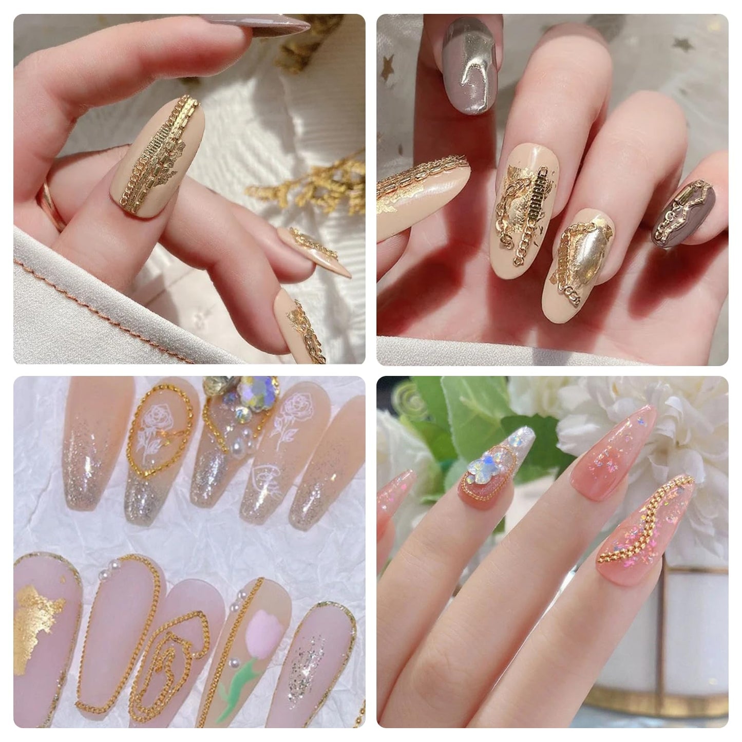 JERCLITY 8 Strips 19.7in Gold Nail Chains for Nail Art 3D Gold Nail Charms Metal Nail Art Chains Punk Nail Studs Jewelry Accessories for Women