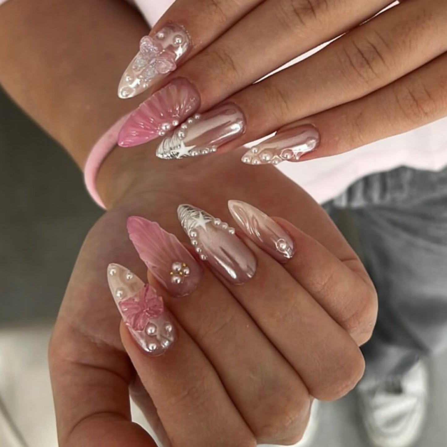 Long Press on Nails Almond Fake Nails Pink Artificial Nail Seeneey Pearl and Silver Charm Designs Beach Stick on Nail for Women 24pcs
