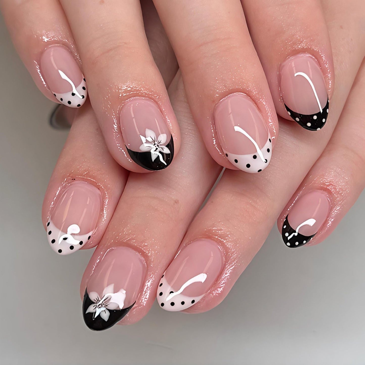 French Tip Press on Nails Short Almond Fake Nails with Flower Designs Spring Floral Full Cover Glue on Nails Polka Dot Flowers False Nails Black White Glossy Acrylic Stick on Nails for Women Manicure