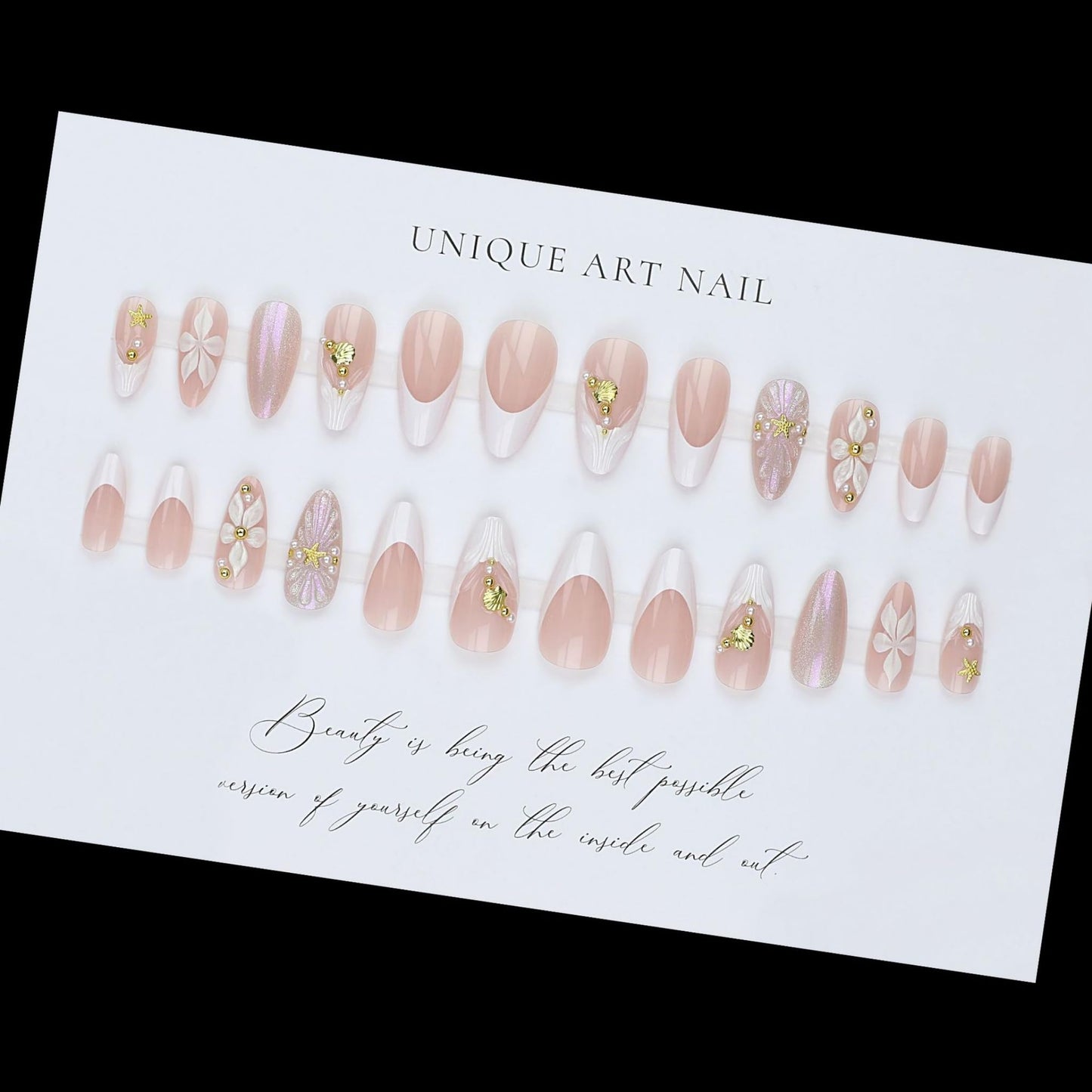Almond Press on Nails Long Fake Nails Nude Acrylic Nail Press ons SEENEEY French White Floral and Gold Charm Designs Cute Stick on Nail for Women 24pcs