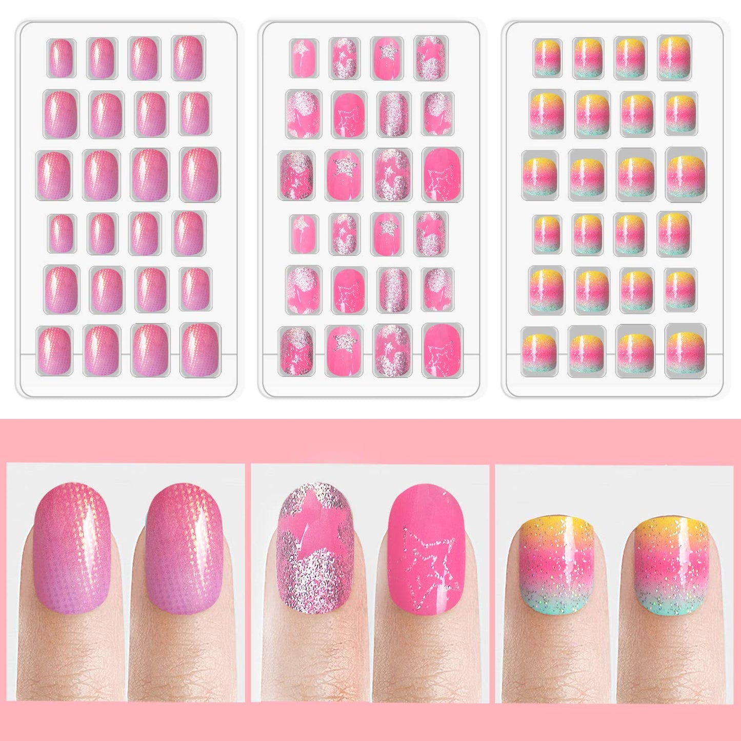 Laza 120pcs Children Nails Girls Press On Artificial Nail Tips Pre-glue Full Cover Short Cute False Nail Kits Lovely Christmas Gift for Children Kids Little Girl Nail Art Decoration - Pinky Lady