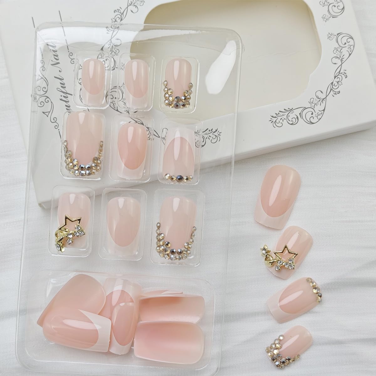 24Pcs Gold Rhinestones Press on Nails Short Square French Tip Fake Nails 3D Diamond with Gold Star Gems Glitter Full Cover Reusable Acrylic Nails Glossy Stick on Nails for Women Girl Acrylic Nails DIY