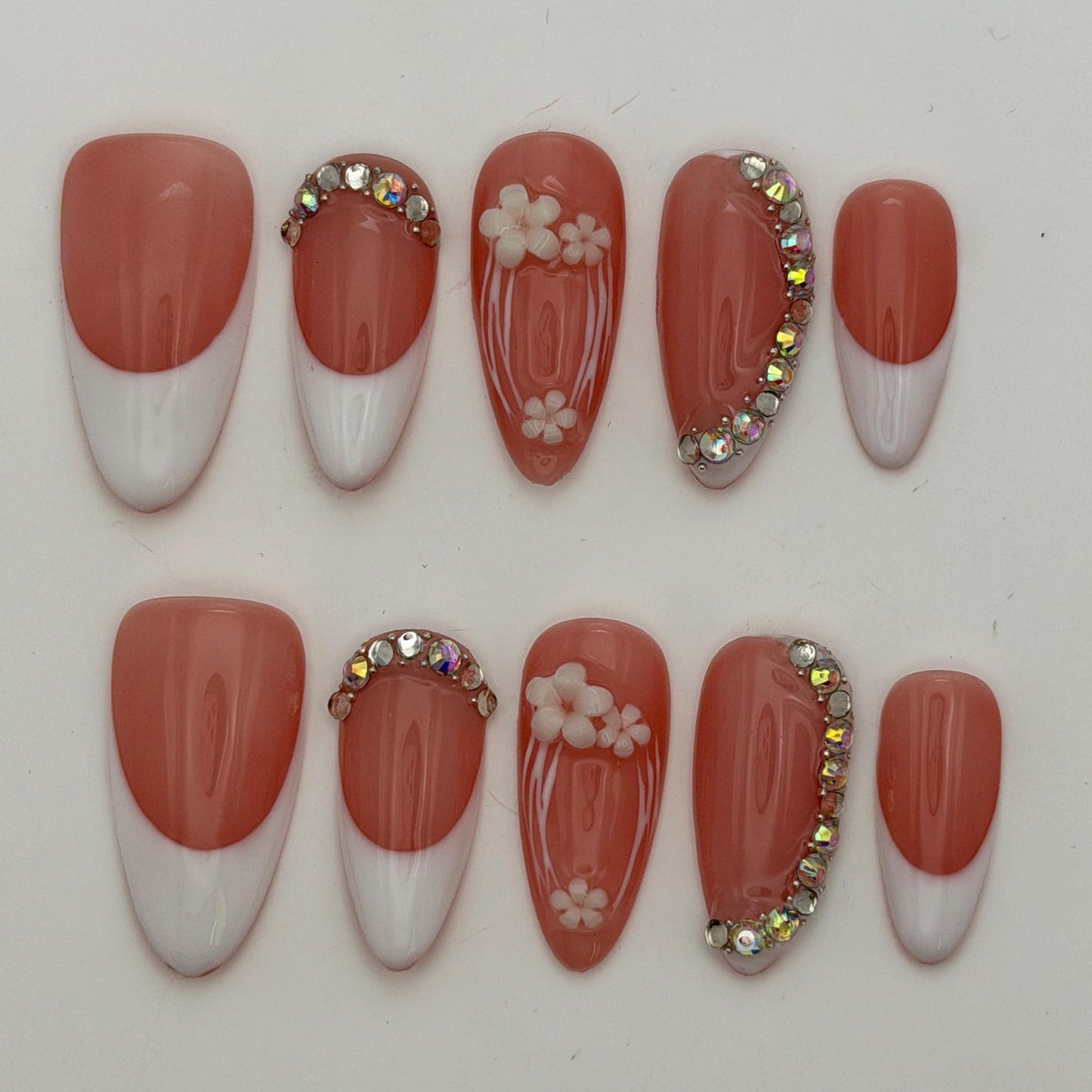 Press on Nails 10-Pack, 25mm Almond Shape Acrylic/UV Gel Fake Nails - Pink & White French Tip with Floral Rhinestone Design, Reusable Glossy Stick-on Nails for Women (Pink, S)