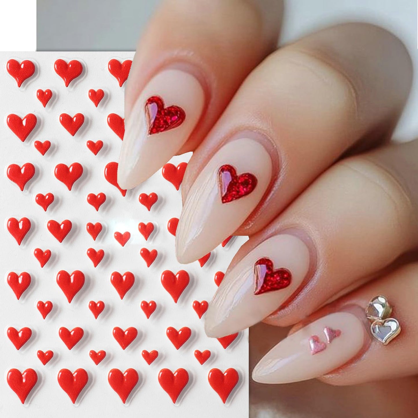 4Pcs Valentine's Nail Art Stickers Decal - 5D Embossed Pink Heart-Shaped Nail Stickers with Adhesive for Valentines Romantic Love Red Hearts Nail Transfer Slider Sticker for Women Manicure Decor