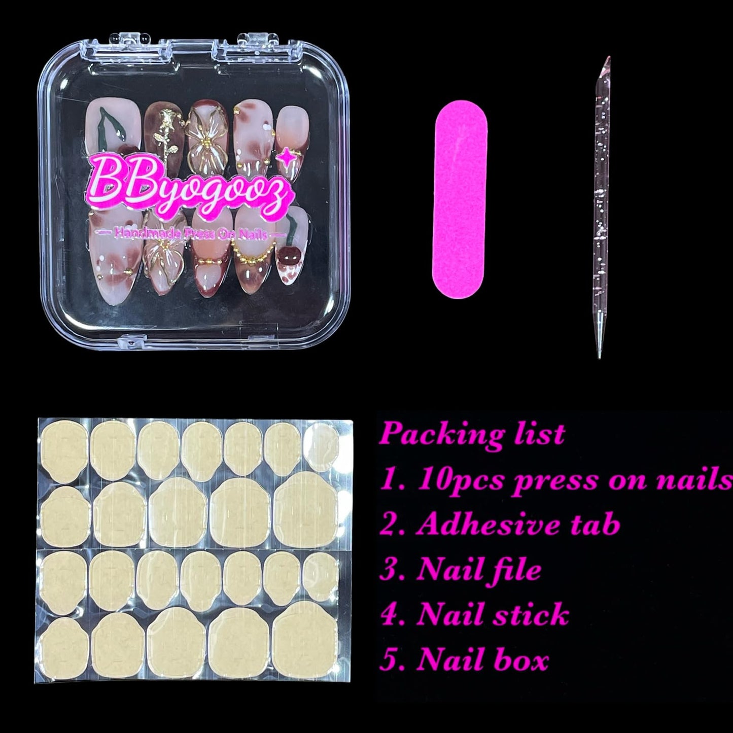 Handmade Press On Nails Medium Almond Elegant 3D Cherry & Gold Floral Accent False Nails | Nude Pink Base with Wine-Red Tips, Reusable Acrylic Fake Nails (Wine Cherry, S)