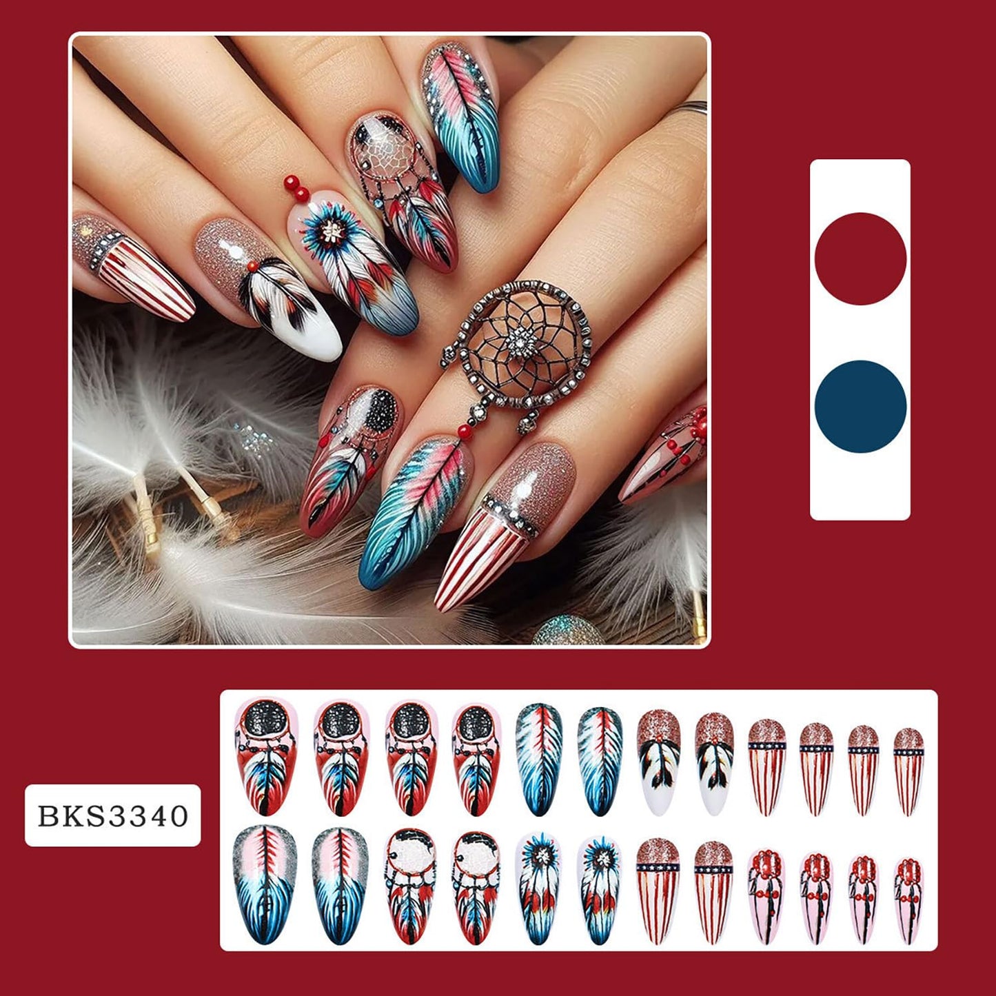 Press on Nails Almond Medium Colorful Feather Gradient Design Glitter Powder False Nail Full Cover Glossy Acrylic Artificial Stick on Nails Press Ons Handmade DIY Reusable Glue on Nail for Women 24Pcs