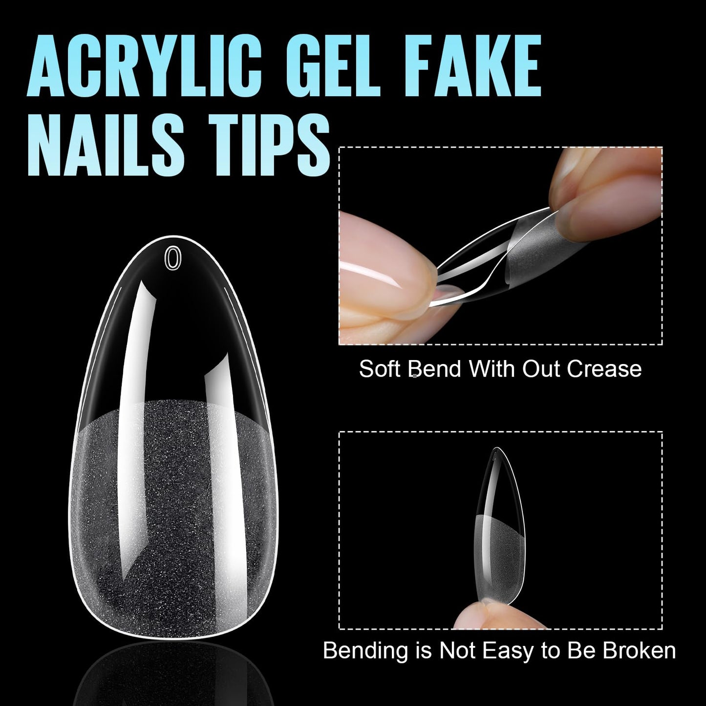 TOMICCA Medium Almond Nail Tips 240Pcs, 15 Sizes Full Cover Half Matte Pre-shapded Clear Gel Nails Wide Nail Bed Press On Nails for Home DIY Salon Beginner & Professional, Wedding Party Nails