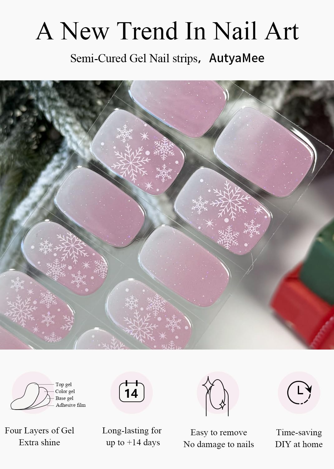 AutyaMee Semi Cured Gel Nail Strips (Pink Snowflake), 20 Pcs Christmas Gel Nail Wraps, Stickers, Salon Quality, Long Lasting, Works with Any UV Lamps