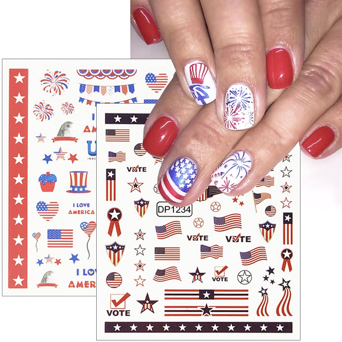 6Pcs Independence Day Nail Art Stickers Patriotic American Flag Heart Balloon Fireworks Nail Design 4th of July Nail Stickers 3D Self-Adhesive Star Nails Decals Decoration for Women DIY Nail Supplies