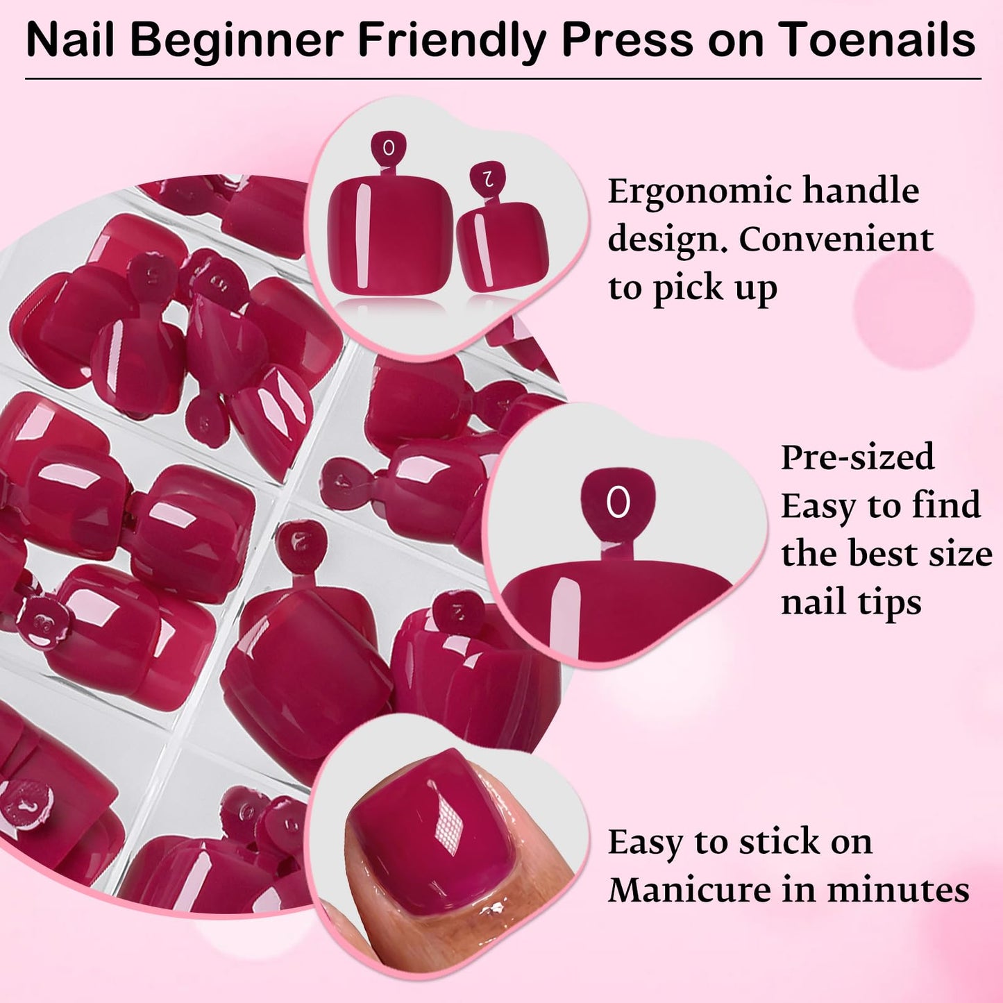 120pc Press on Toenails Women Fake Toe Nail Press ons,Wine Red Acrylic Toenail Press ons Toes Nails Fake Toenails Glue on Toe Nail Tips 12 Sizes Toe Press-on Pedicure Presson False Nails for Feet