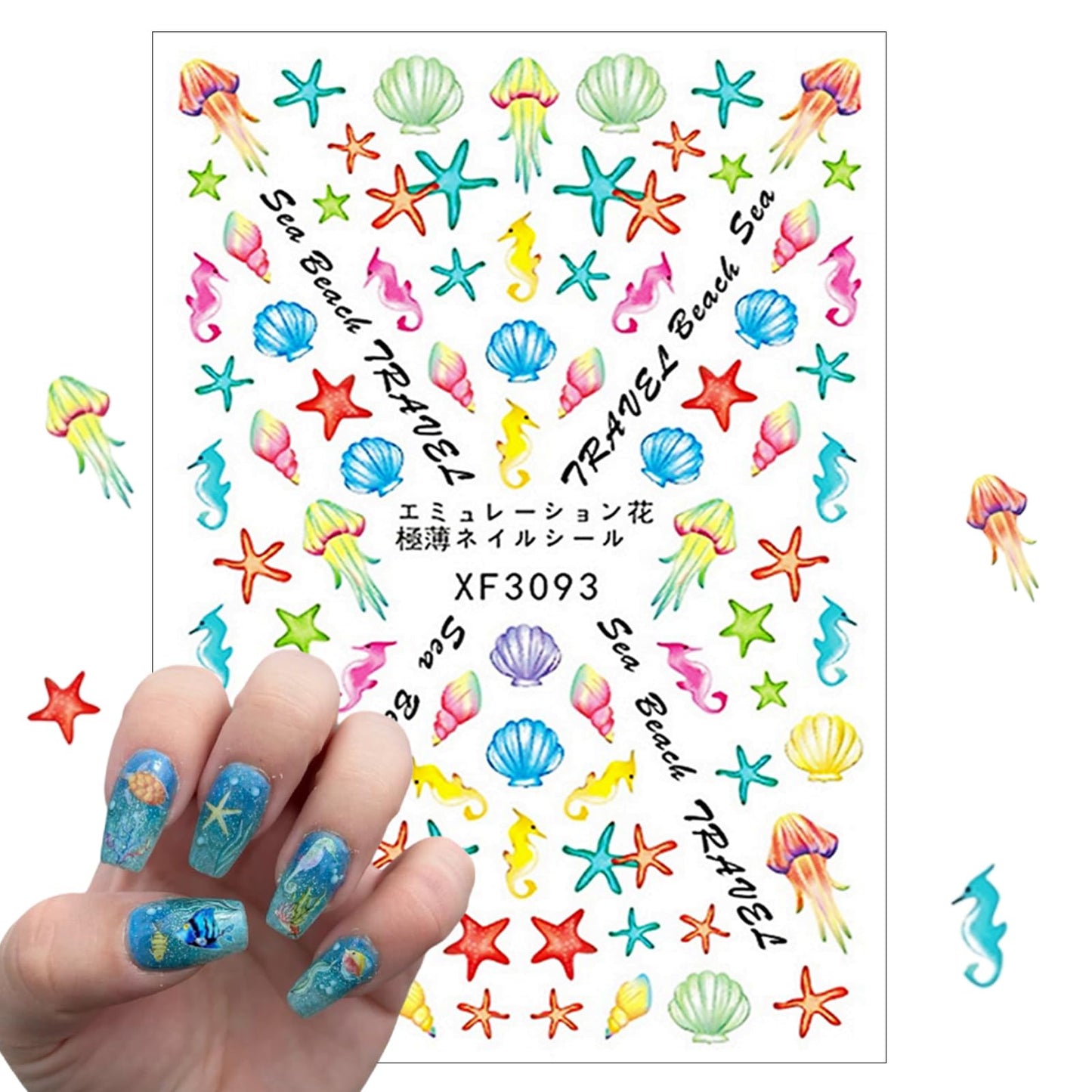 8 Sheets Summer Ocean Nail Art Stickers 3D Self-Adhesive Starfish Seashell Nail Stickers Beach Fishtail Shellfish Starfish Designs Nail Art Supplies for Women and Girl DIY Manicure Decorations