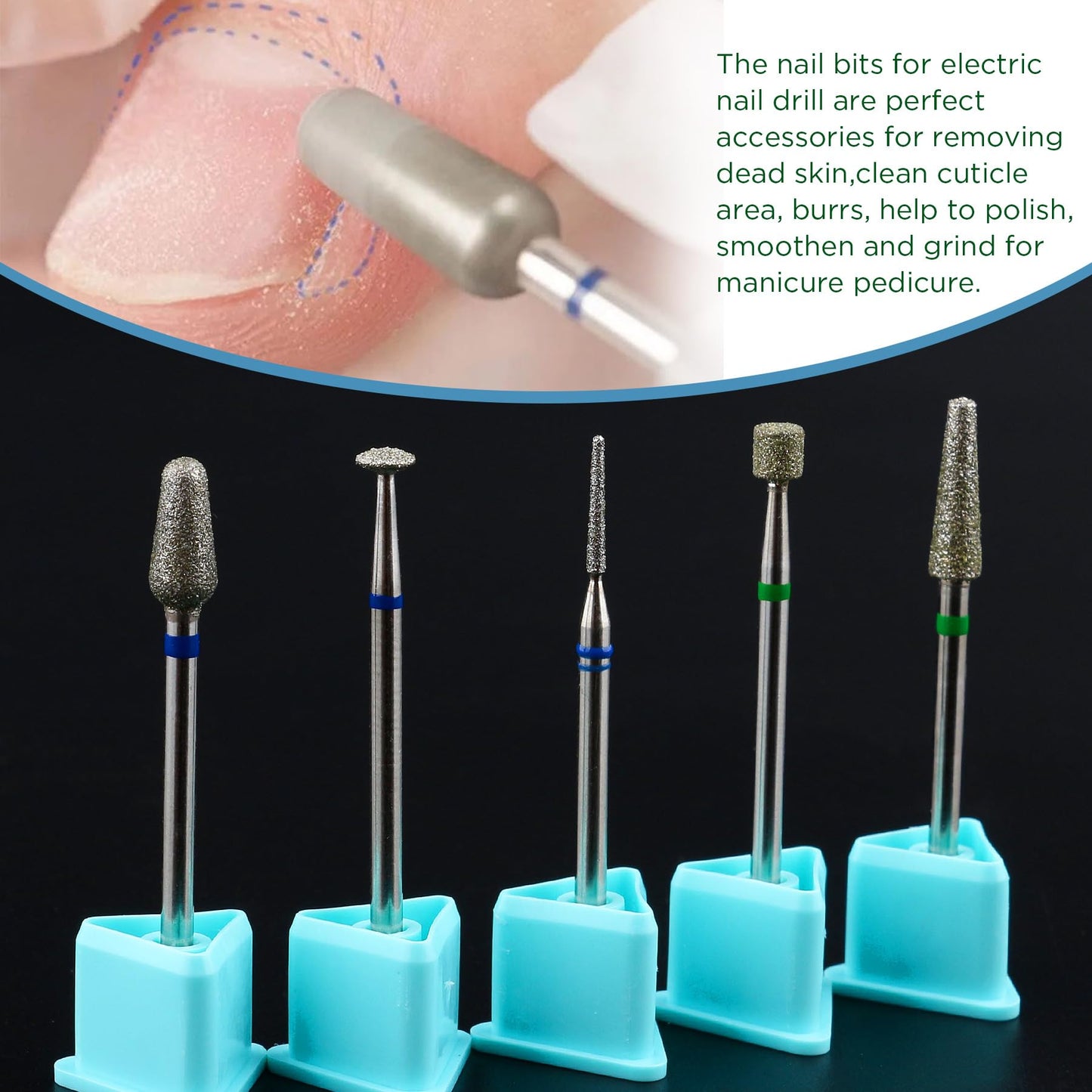 QUNZHAO 5Pcs Diamond Nail Drill Bits Sets Emery tool, 3/32'' Professional Drill Machine Accessories for Under Nail Dead Skin Cleaning(Green 02 set)
