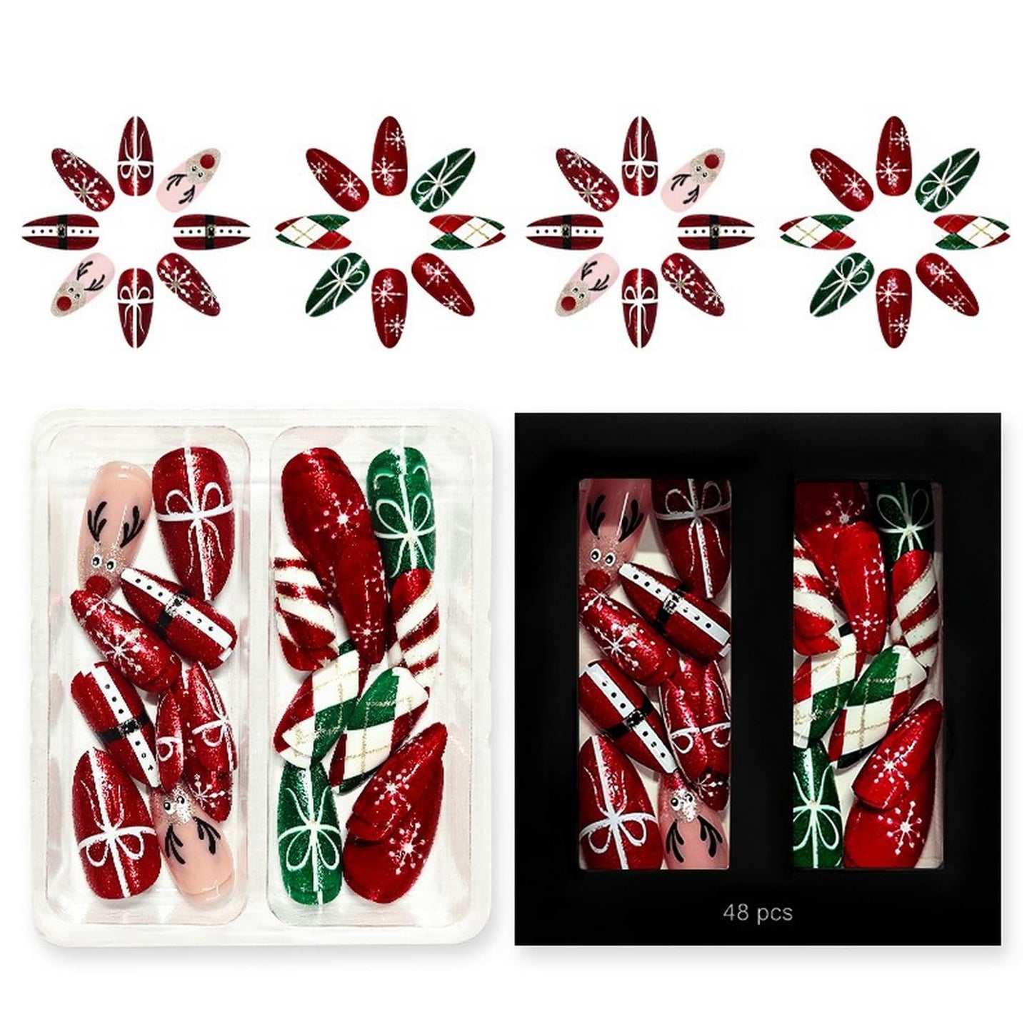Christmas Press on Nails Kit 48 Pcs Medium Almond Fake Nails 2 Style False Nails with Bow Snowflake Reindeer Glitter Designs Glossy Glue on Nail Winter Acrylic Nails for Women Girls