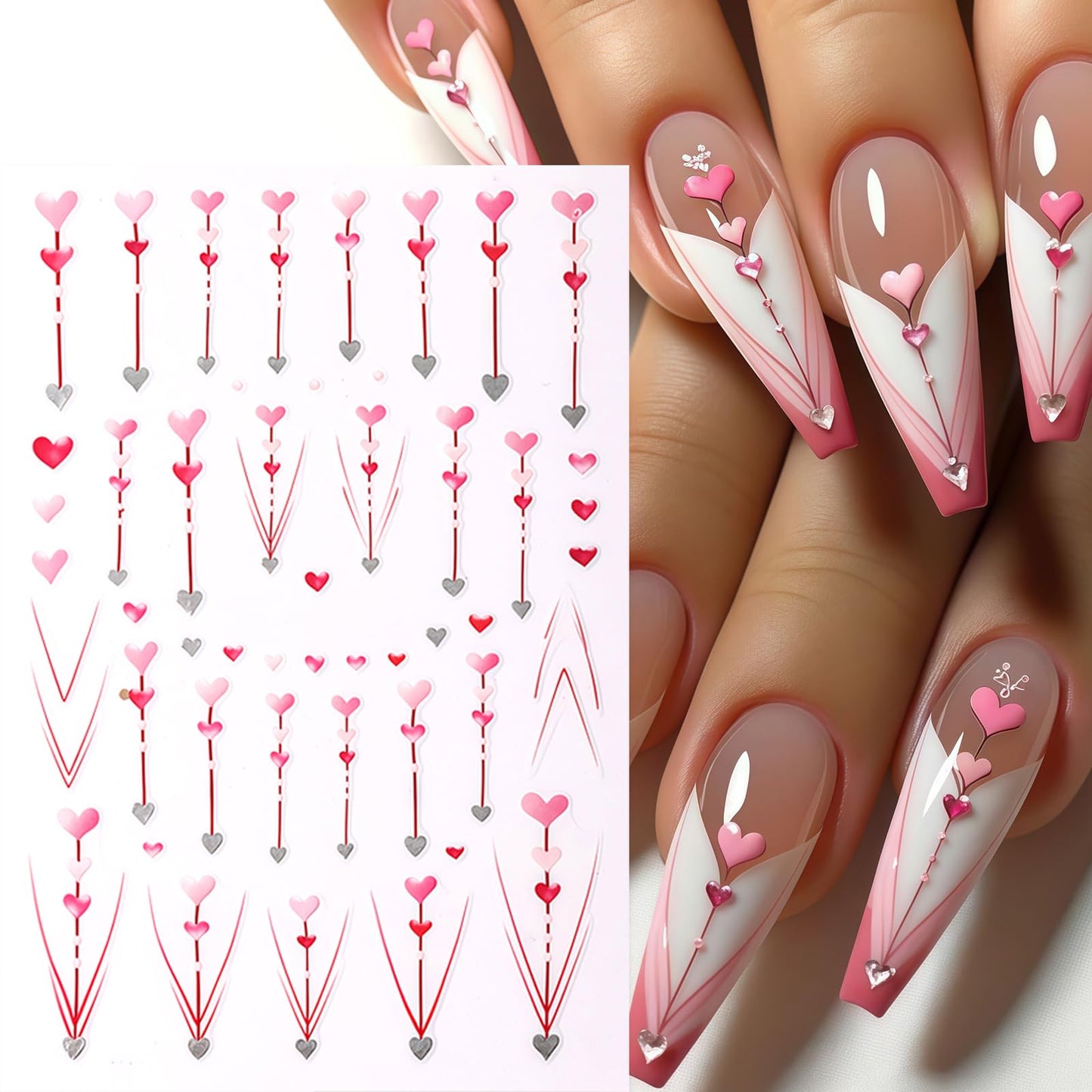8Pcs Heart Nail Stickers Glitter Shiny Love Nail Decals 3D Self Adhesive Pearl Bow Cherry Nail Art Stickers Valentines Day Red Ombre Gold Hearts Designs Pink Heart French Line Nail Supplies for Women