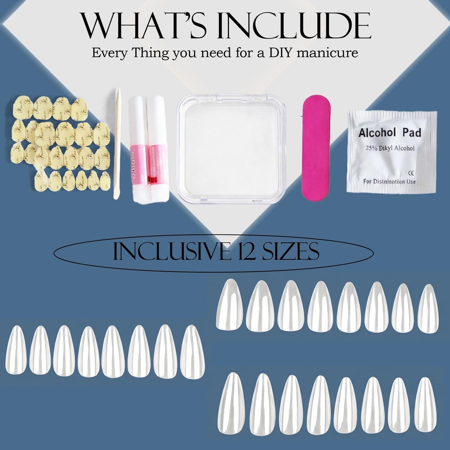White Chrome Press On Nails Medium Almond, Pearl Milky White Silver Flash Reusable Fake Nails, Salon Quality Long Lasting For Beach Office Daily Wear, 24PCS Manicure Kit Nailinism