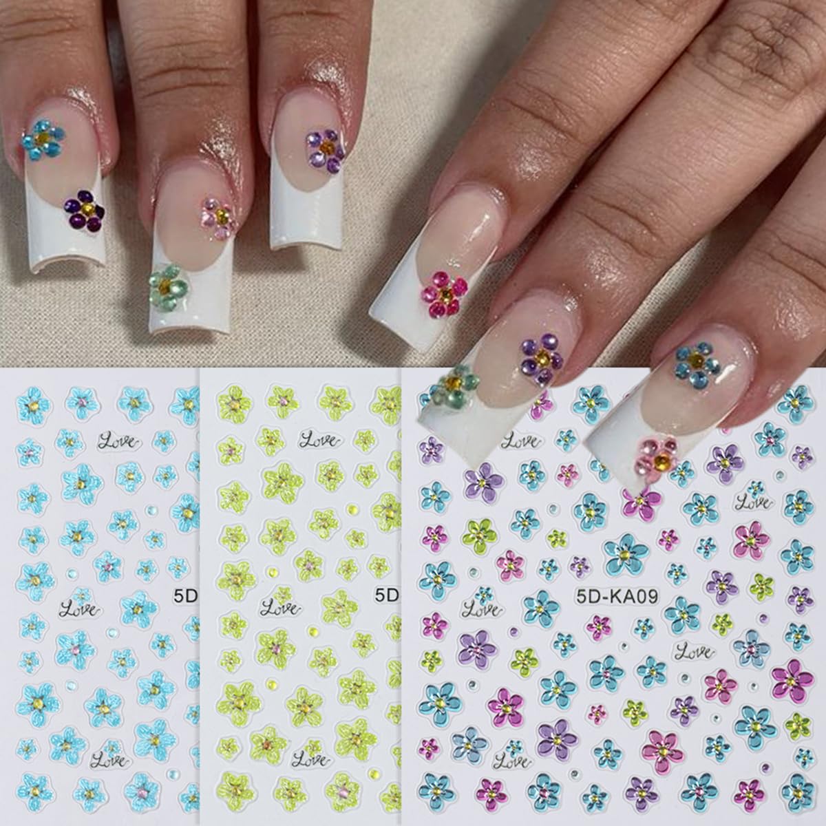 3Pcs Flower Nail Art Stickers 5D Embossed Summer Nail Decals Blue Green Pink Petal Flowers Designs Soft Gel Nails Sticker Spring Floral Self Adhesive Nail Art Supplies DIY Acrylic Nails Accessories