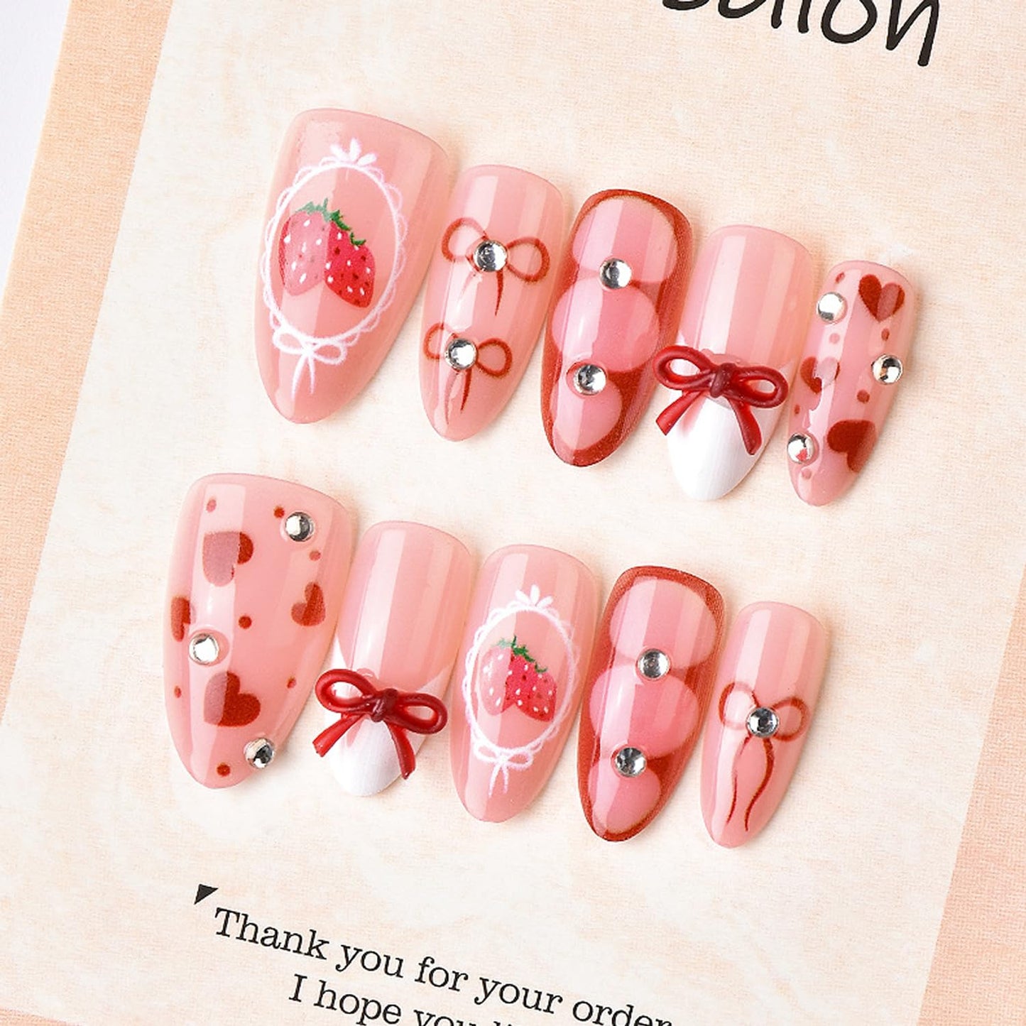 30Pcs Red Heart French Tip Press on Nails Valentine's Sweet Strawberry Medium Almond Fake Nails with 3D Rhinestones Design French Nails Handmade Romantic Bow Stick on Nails for Women