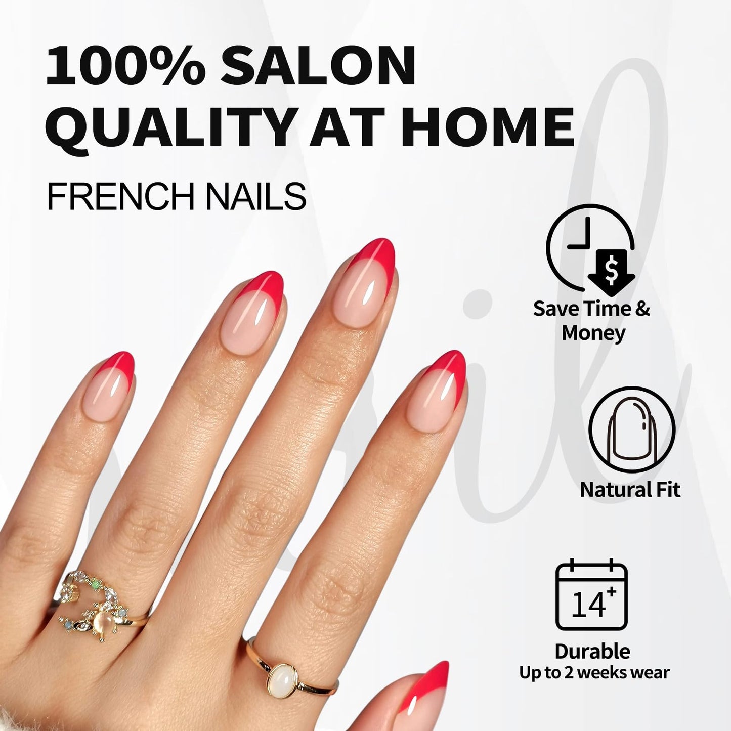 Red French Tip Press on Nails Short - SHANGMENG Soft Gel Almond Press on Nails for Women Gift, Fit Perfectly & Natural Glue on Nails with Glue in 16 Sizes - 32 Reusable Fake Nails, Red French