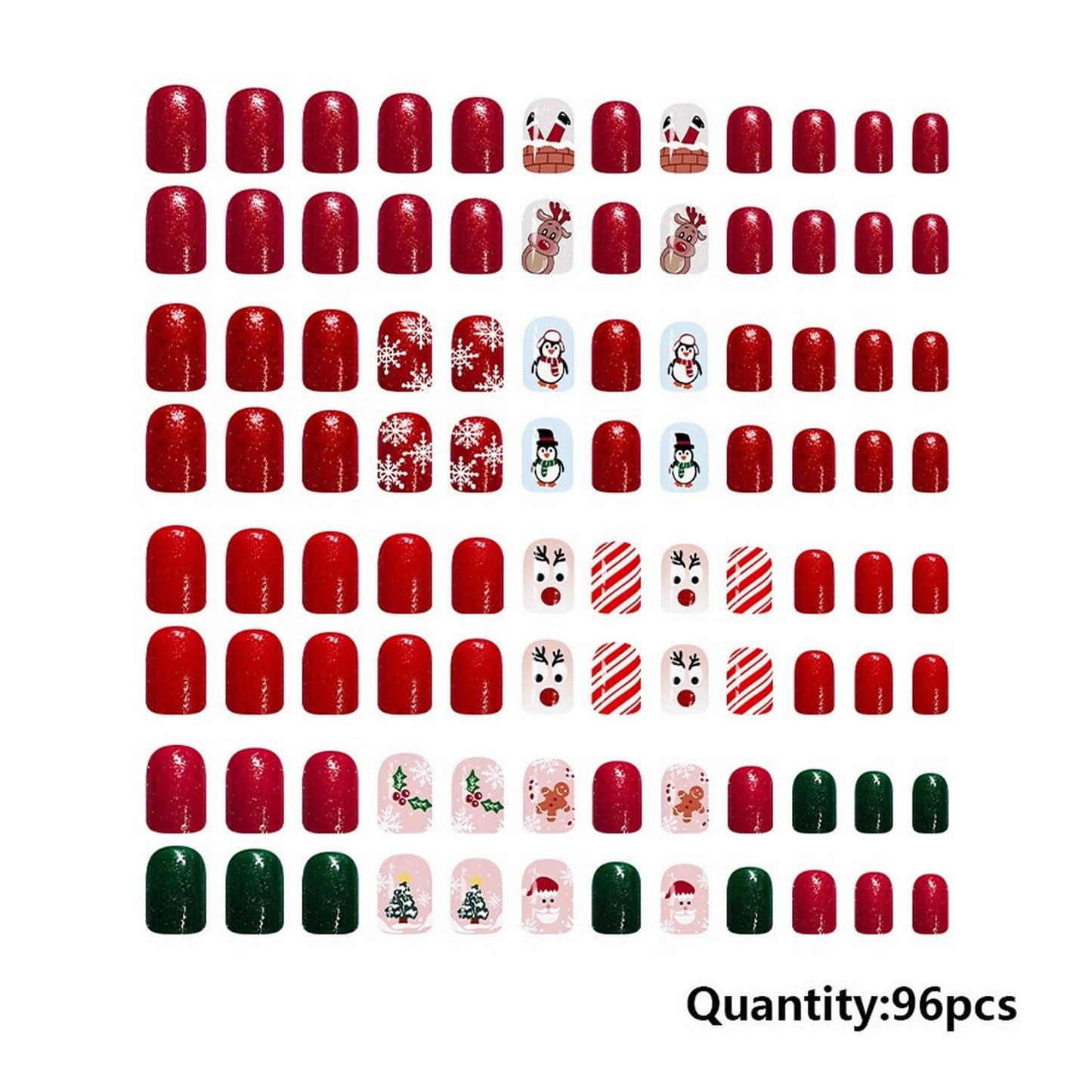 Christmas Press on Nails Kit 96 Pcs Short Square Fake Nails 4 Style Cute False Nails with Penguin Reindeer Snowflake Glitter Designs Red Glossy Glue on Nail Winter Acrylic Nails for Women Girls