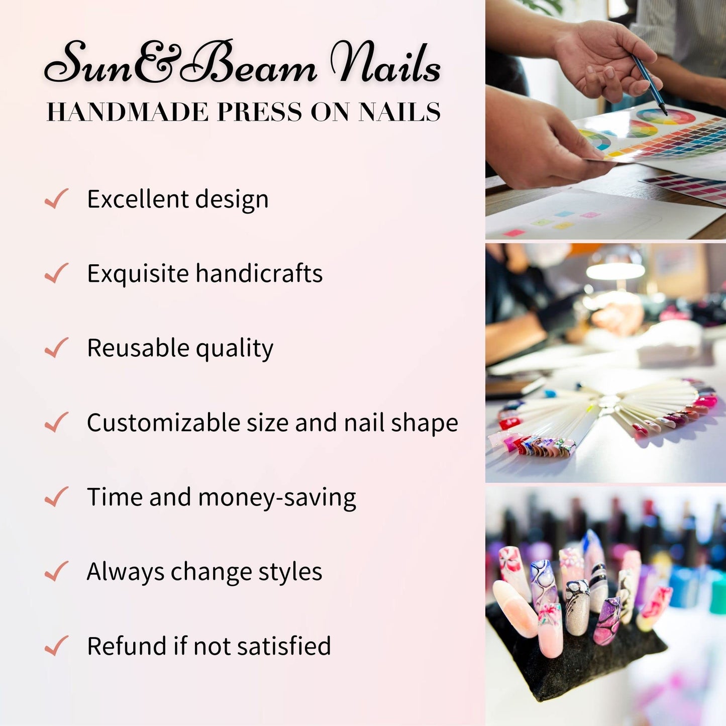 Sun&Beam Nails Handmade Press-on Short Square Round Flower Artistic Gold White Hand-drawn Design Fashionable False Nail Tips 10 Pcs Set (#166 S)