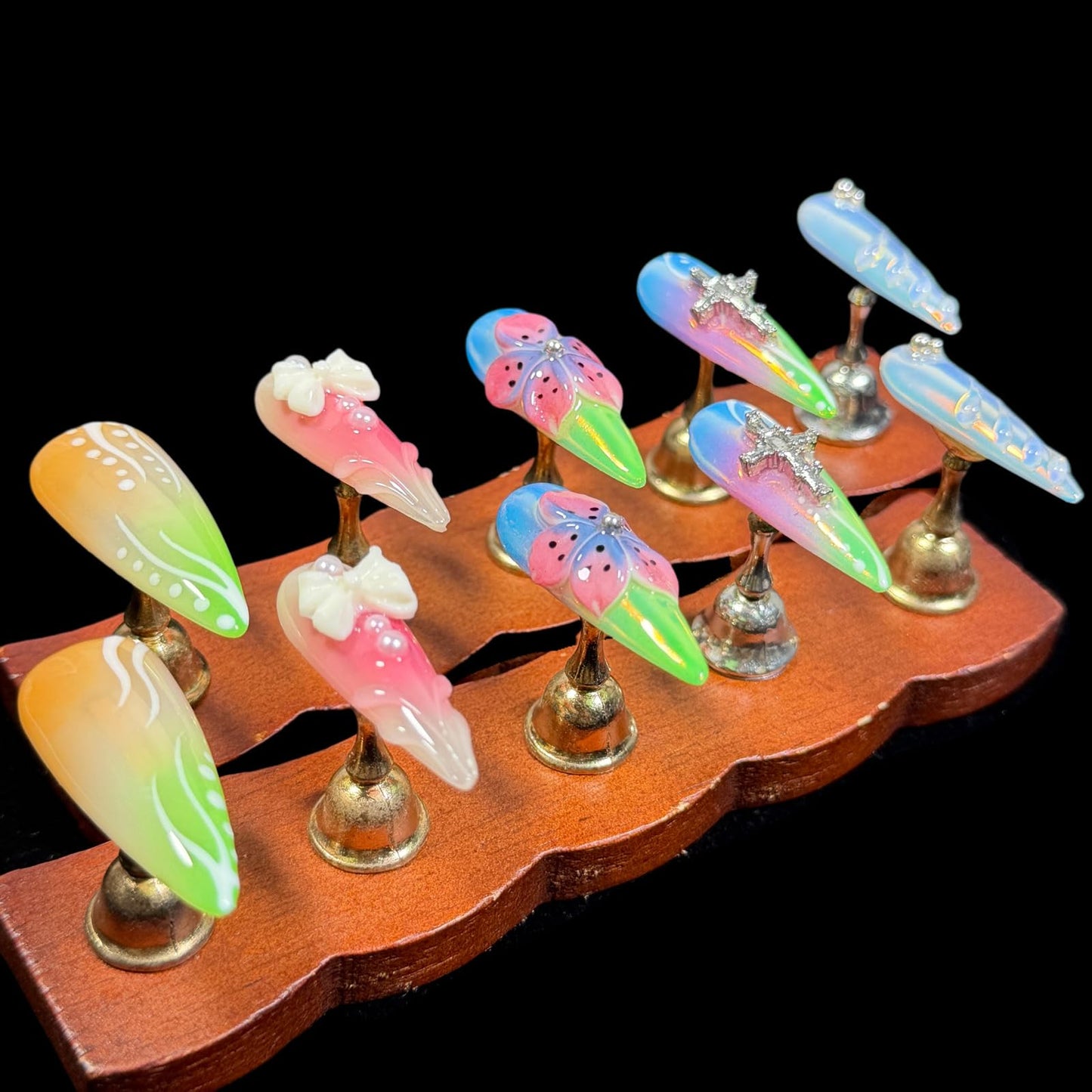 Handmade Press On Nails, 3D Flower Bow Cross Design, Long Stiletto Shape, Pastel Gradient Acrylic Fake Nails Gift set for Women Rainbow (S)