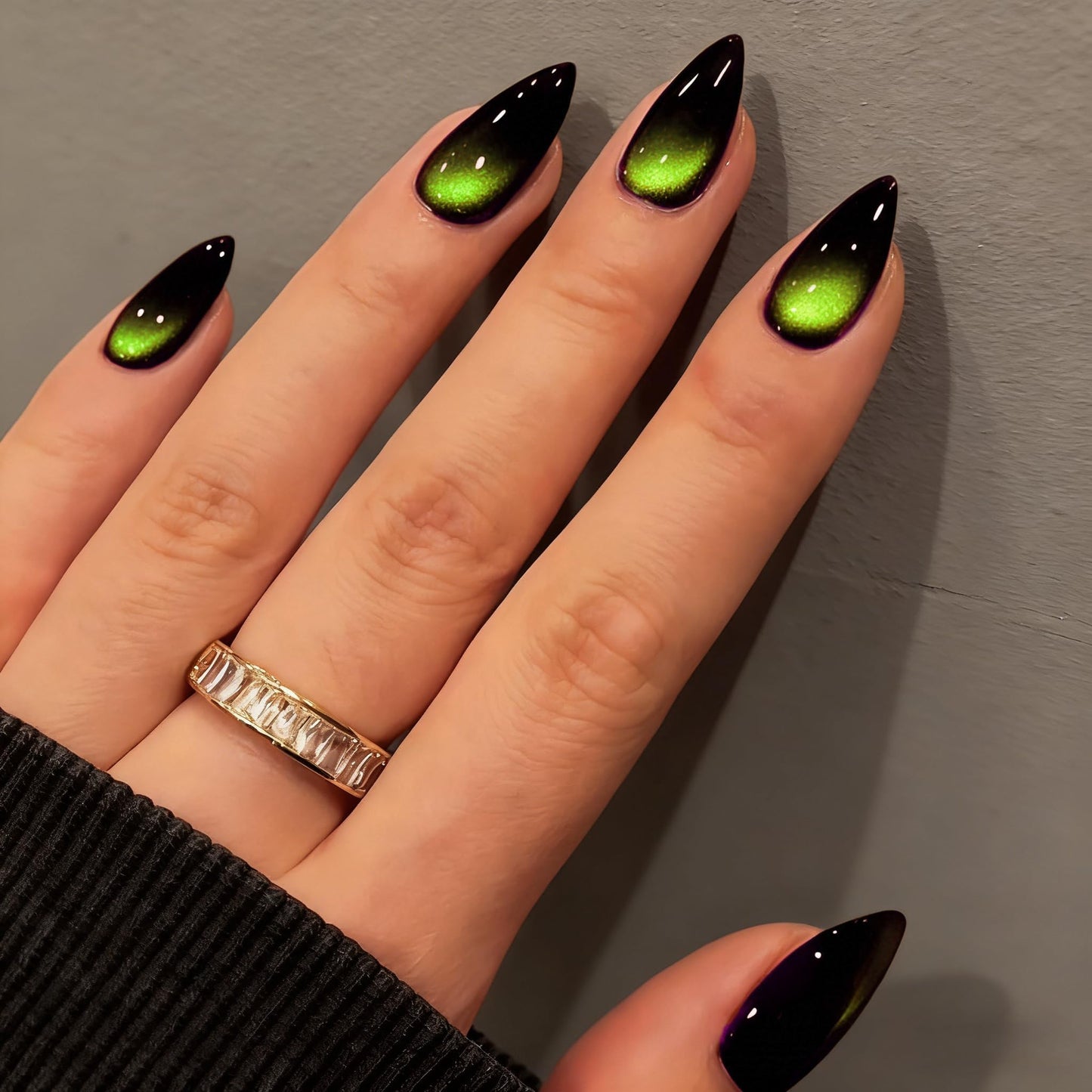 KQueenest Cat Eye Press On Nails Almond - Dark Lime Green Press On Nails Medium Stiletto, 30 Pcs 15 Sizes Glitter Fake Nails Press ons Black, Upgrade Thick Quality Glue on Nail for Women Party