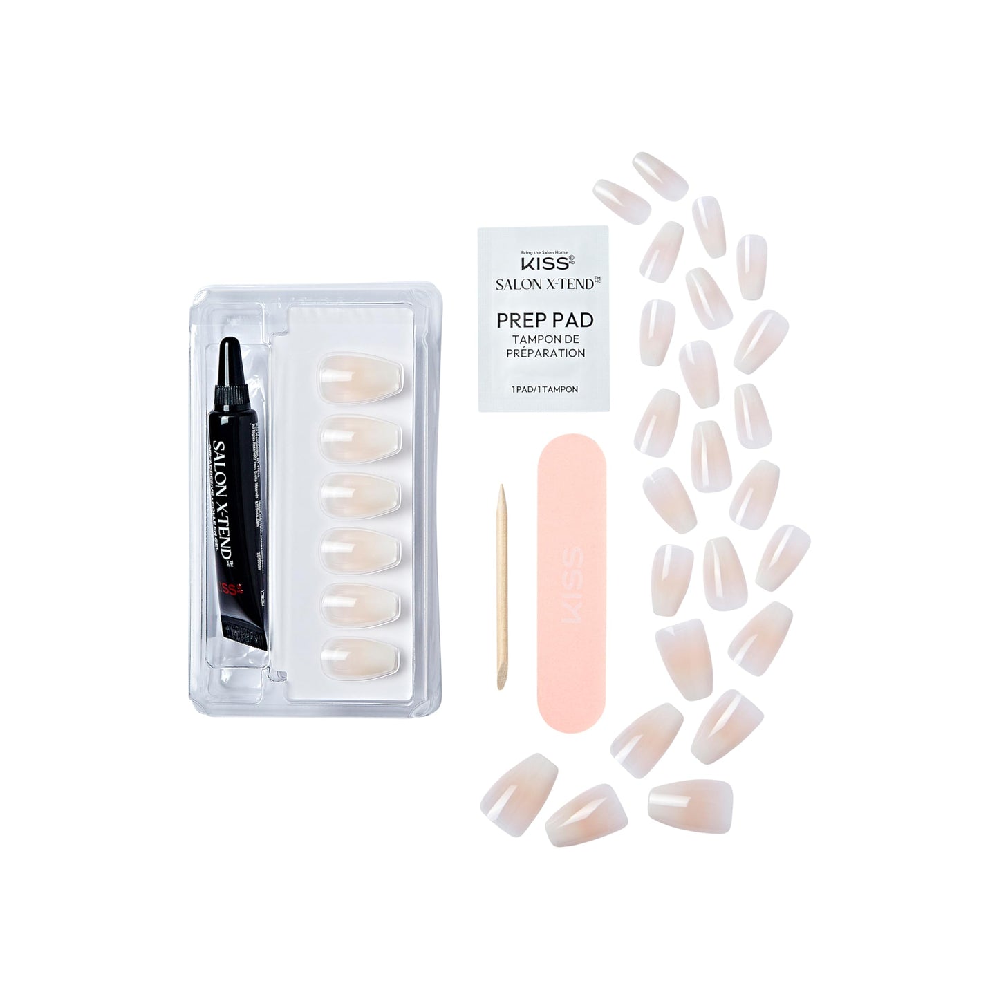 KISS Salon X-tend, Press-On Nails, Nail glue included, 'Words', Light White, Medium Size, Coffin Shape, Includes 30 Nails, 5Ml Led Soft Gel Adhesive, 1 Manicure Stick, 1 New Mini File, New Prep Pad