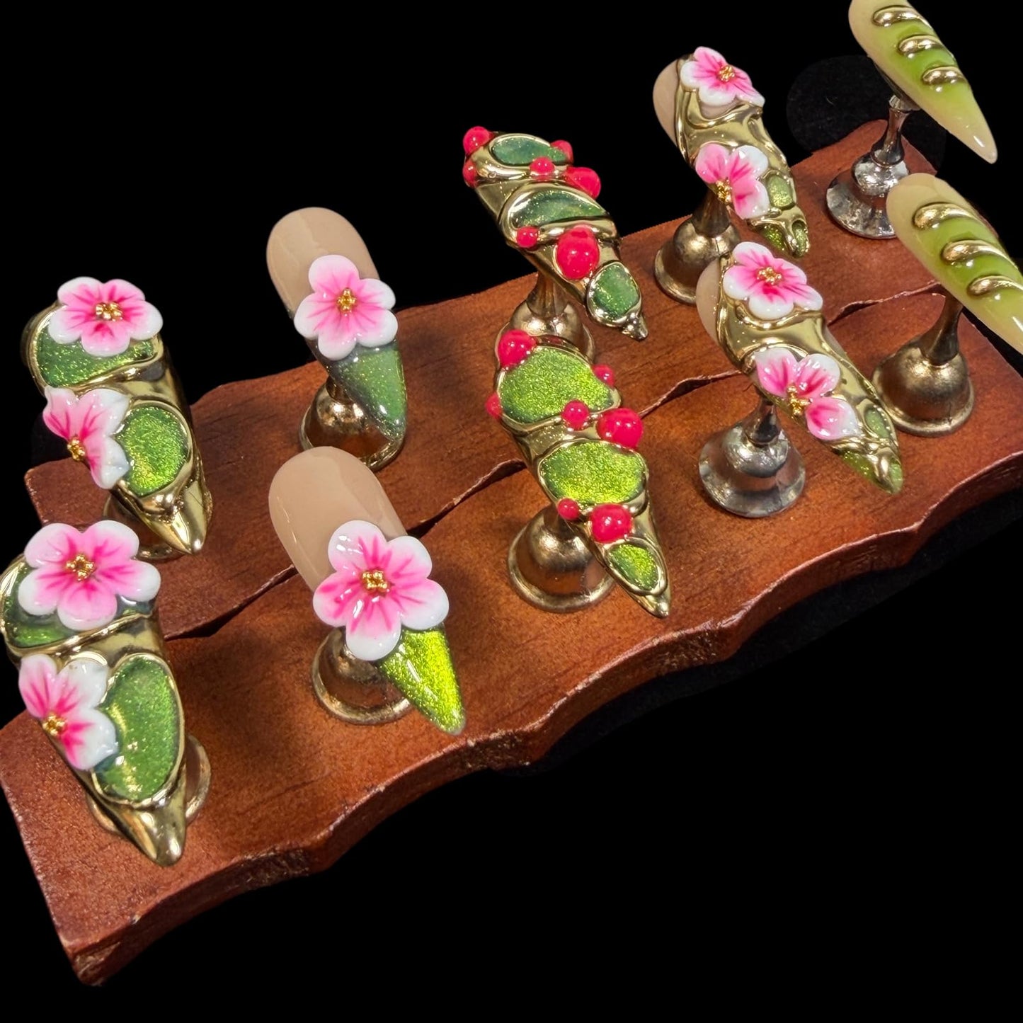 Handmade Luxury Floral Press On Nails, Long Stiletto 3D Pink Petals & Emerald Green Glitter Ombre, Gold Foil Acrylic Reusable False Nails Elven Forest (M)
