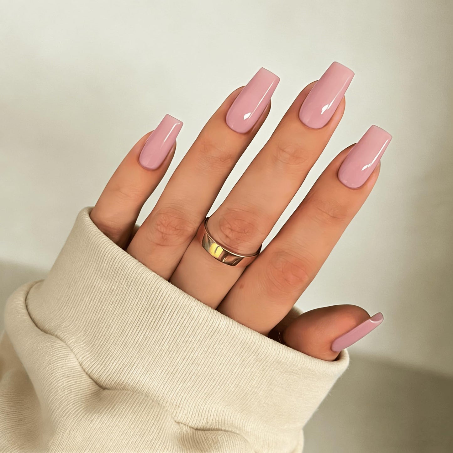 SXVME Press On Nails Long Square - Light Pink Press on Nails with Glue for Women, Natural Simple Fake Nails Press ons Medium, Glossy Soft Gel Glue on Nails Coffin, Reusable Nail Stick Ons, 24 Pcs