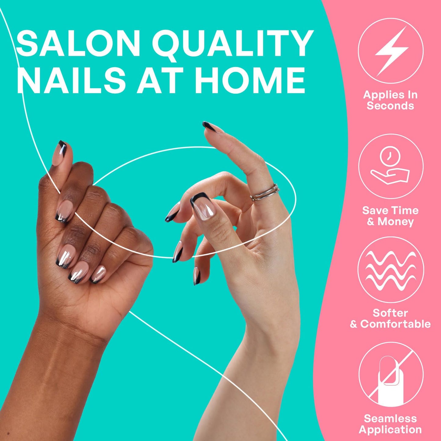 Black French Tip Glazed Donut Chrome Press On Nails - GJZEZ Soft Gel Medium Square Holographic Licorice Nails, Iridescent Shimmery Halloween Fall Glue on Nail | 16 Sizes - 32pcs Reusable Nail
