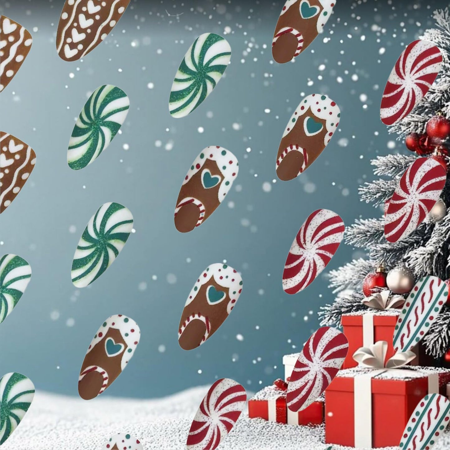 Christmas Press on Nails Swirl Medium Almond False Nails 24Pcs Love Heart Gel Glue on Nail Glossy Green Glitter Acrylic Fake Nail Candy Cane Stick on Fingernails for Women Xmas Gift