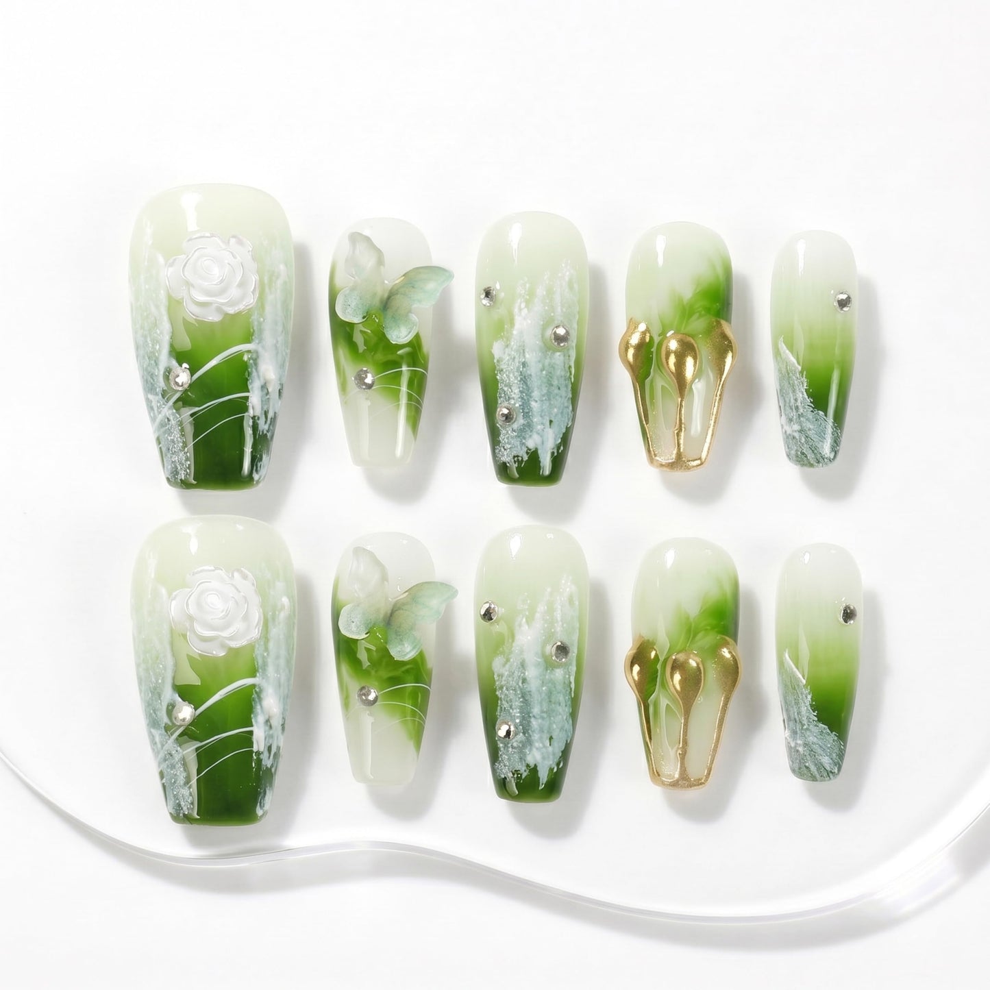 Sun&Beam Nails Handmade Press On Nail Medium Long Coffin Ballerina Green Flower Butterfly Fake Tip 3D Design Art Charms Cute with Storage Box 10 Pcs (#009 M)