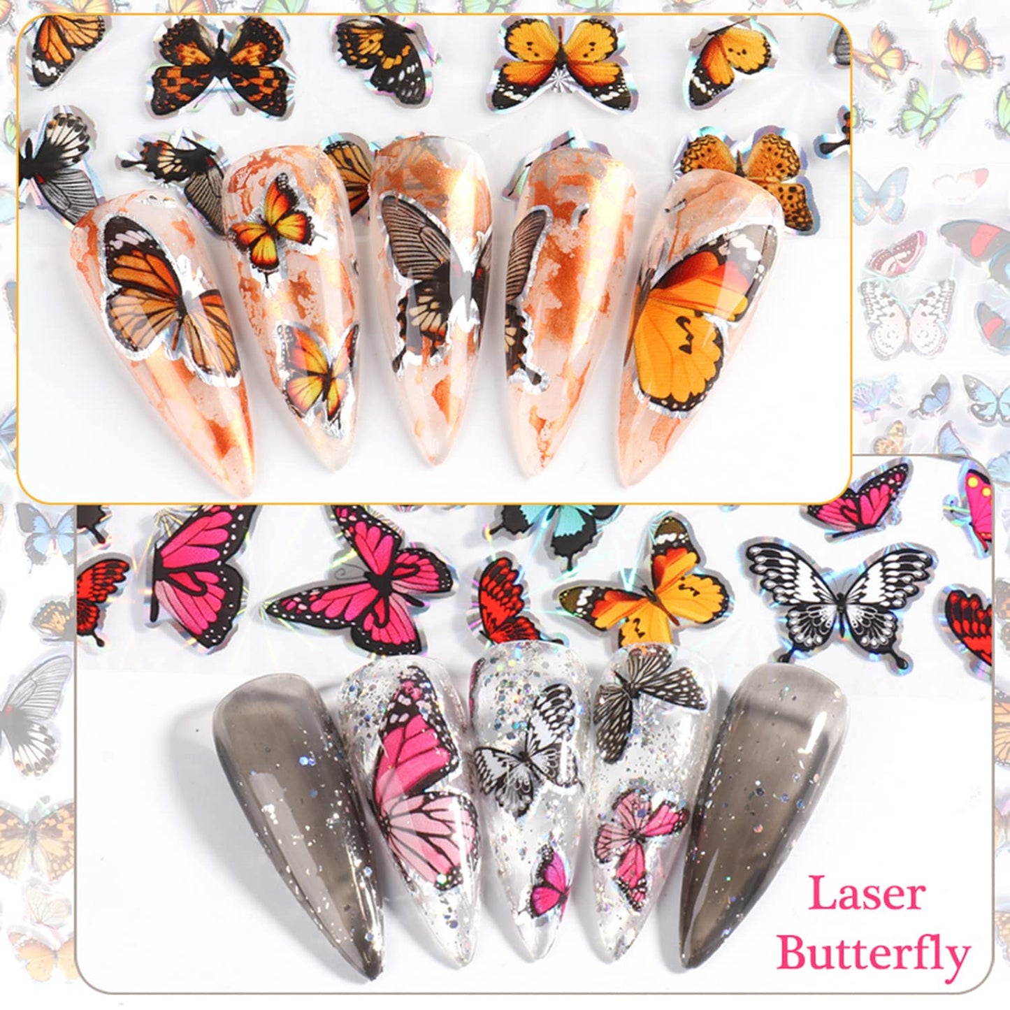 Holographic Nail Foil Transfer Stickers Decals, Butterfly Nail Foils Polish Sticker, Laser Glitter Big Butterflies Nail Art Design Supplies for Nail Transfer Glue Polish, Women Nail Film Decorations