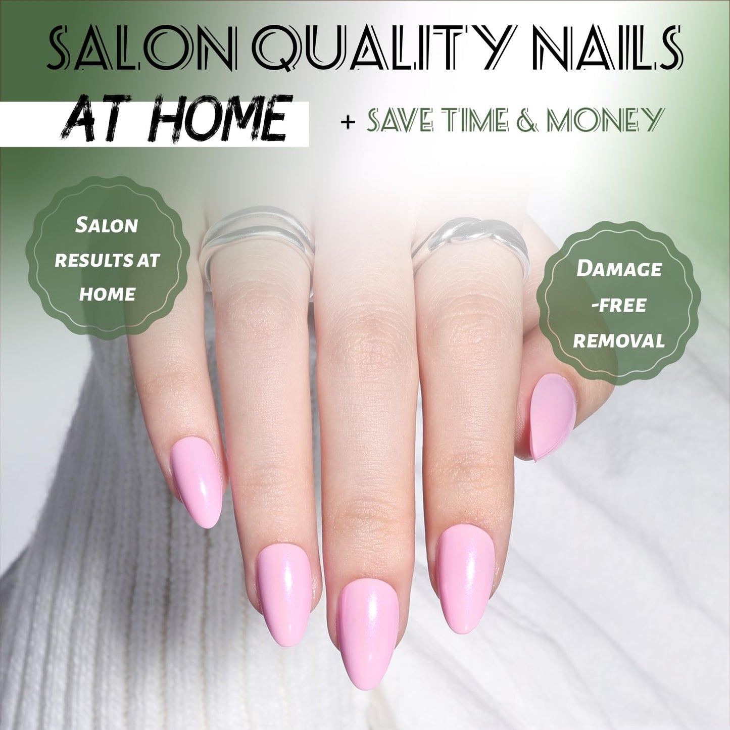 Pink Press On Nails Almond - Short Fake Nails with Nail Glue, Pink Chrome Press On Nails Reusable Stick On Nails in 16 Sizes - 32 Nail Kit for Women & Girls | Salon Quality