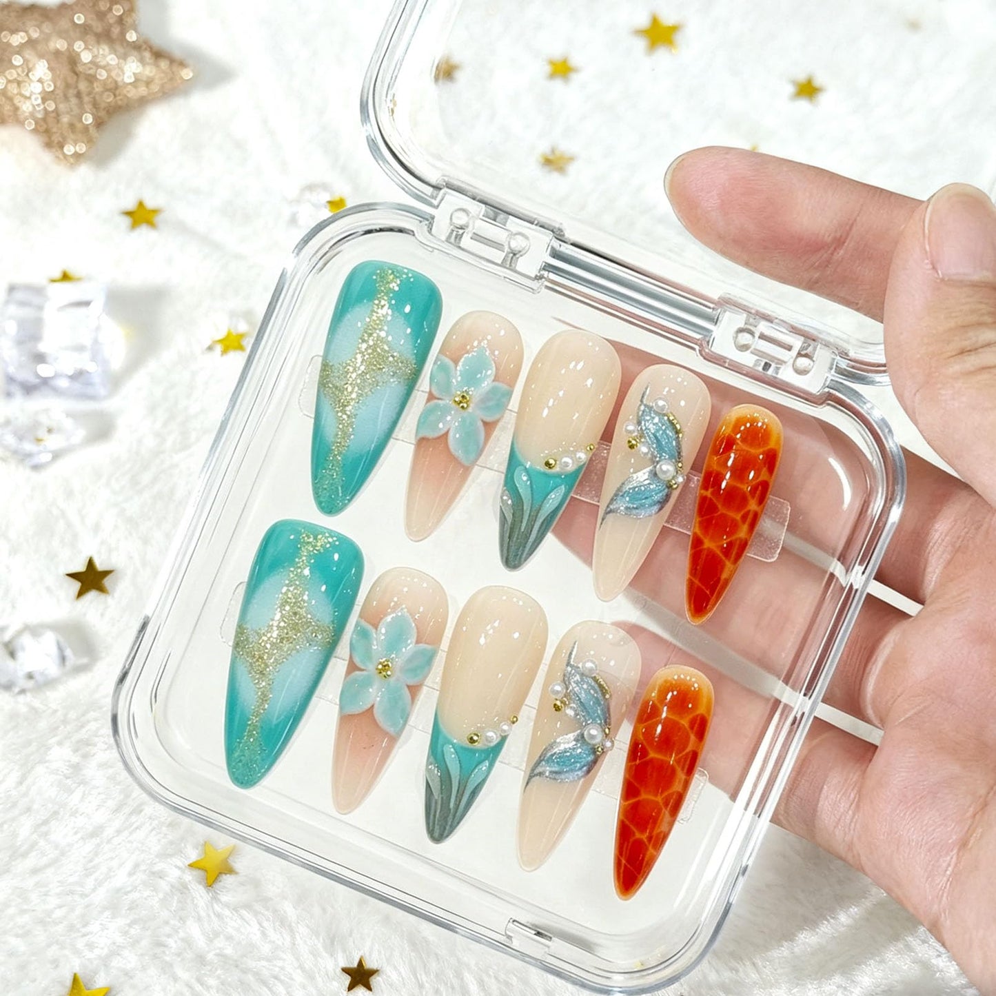10 Pcs Handmade Press on Nails Long Stiletto Fake Nails with Design Blue 3D Flower Glitter False Nails French Tip Acrylic Stick on Nails for Women Wedding Nail Art - Size M