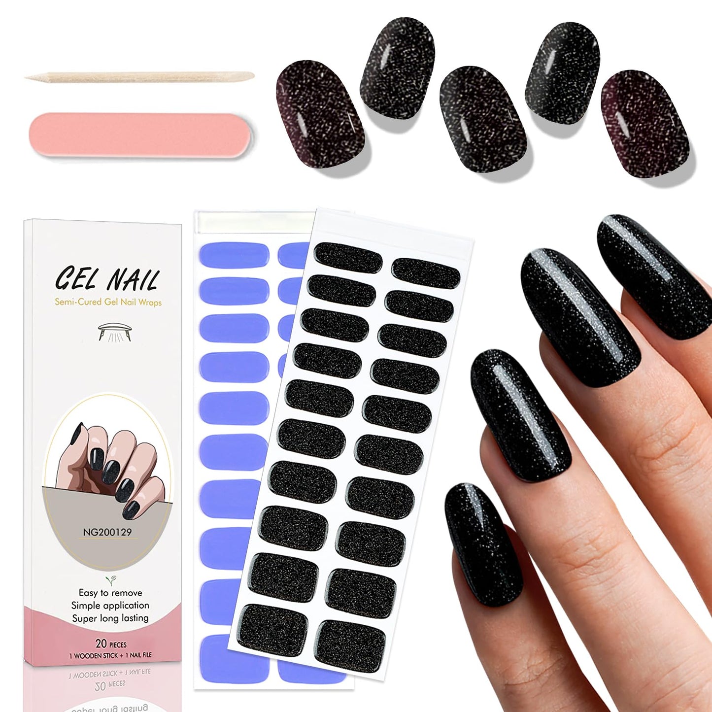 WOKOTO 2 Pack Semi Cured Gel Nail Strips, Lavender & Glossy Black 40 Pcs (10 Size) Full Nail Wraps With Nail File & Wooden Stick, UV Gel Nail Polish Strips Stickers For Women Girls, Salon Quality
