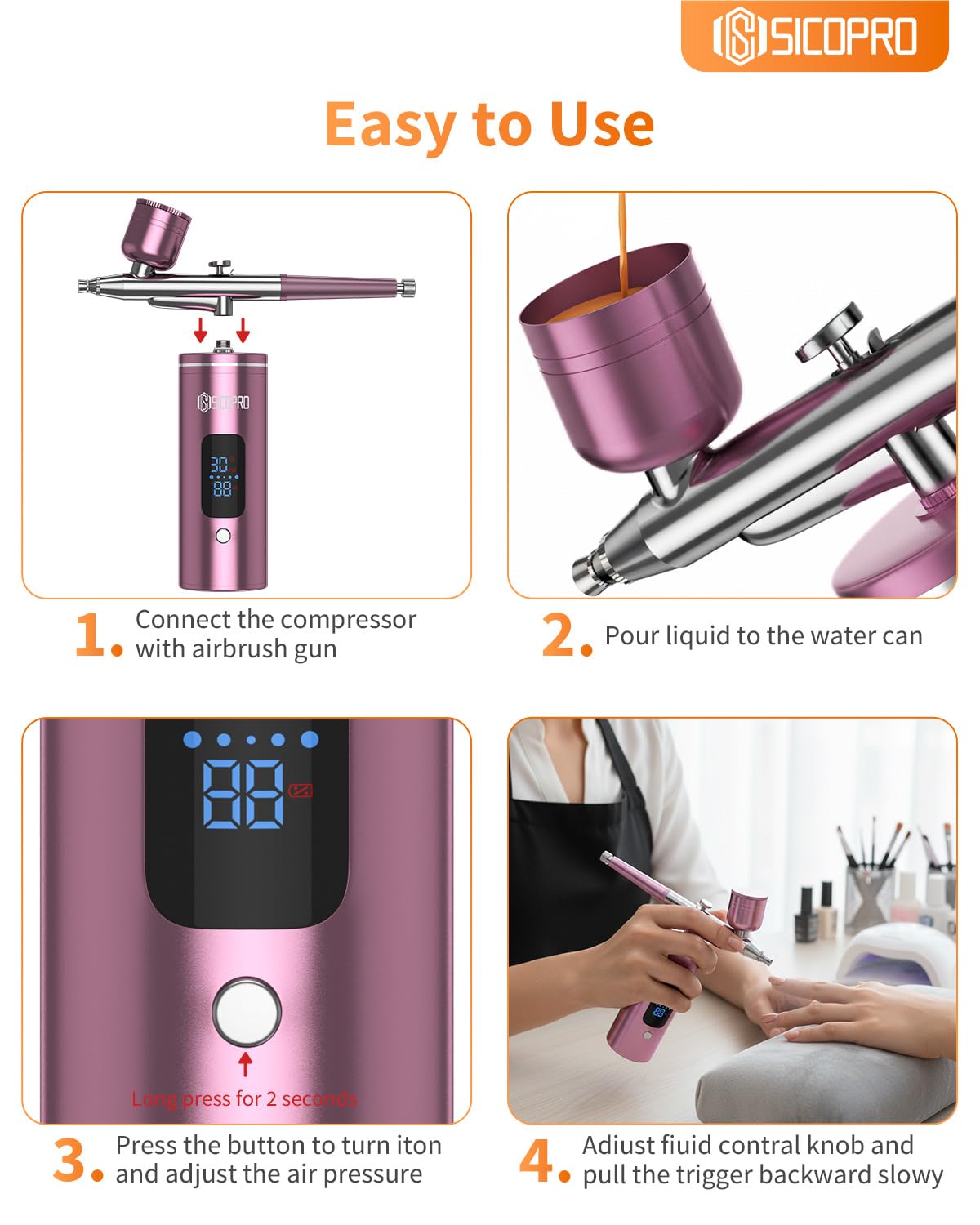 SICOPRO Airbrush Kit, Cordless Airbrush for Nails, Air Brush Kit With Air Compressor for Models/Shoes/Cakes/Hair, Air Brush Guns For Painting (Pink)