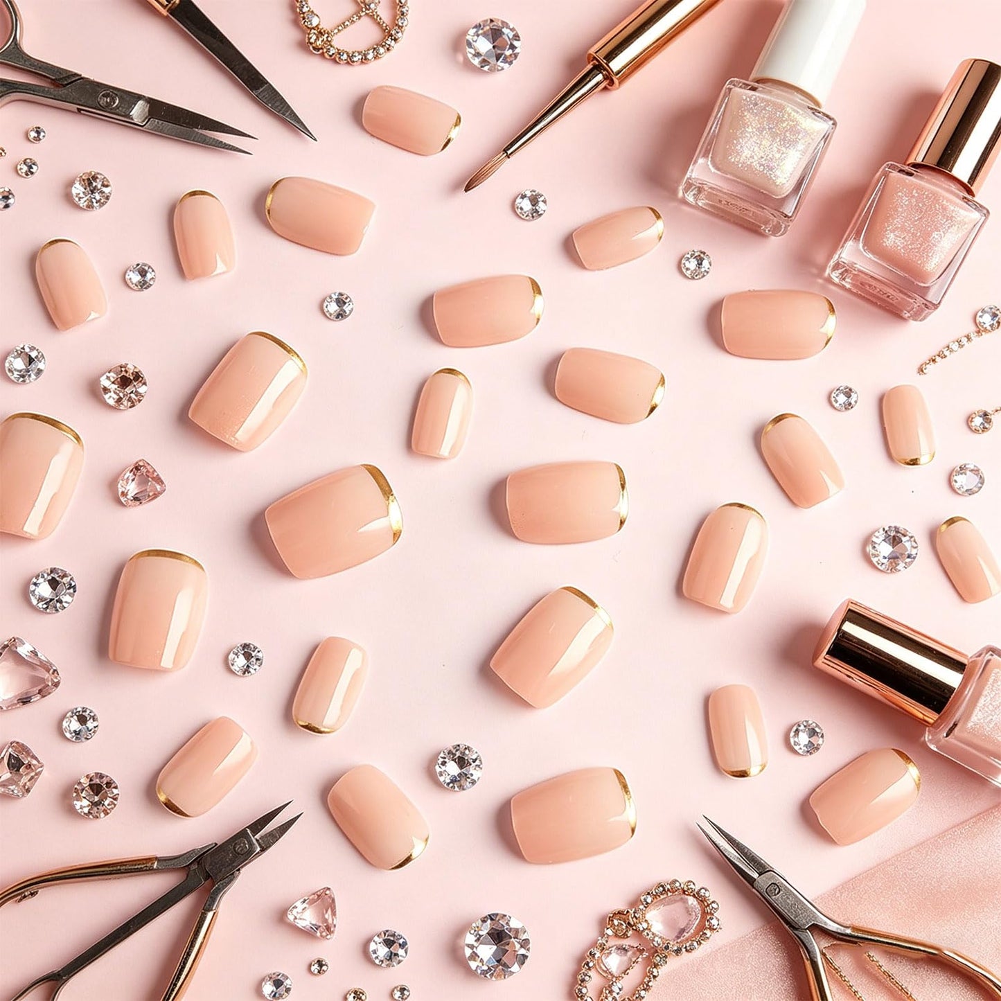 Short Square Press on Nails with Minimalist Design Glossy Gold Glitter Fake Nail French Tips False Nails Casual Glue on Artificial Fingernails Nude Pink Full Cover Stick on Nail for Women Daily Wear