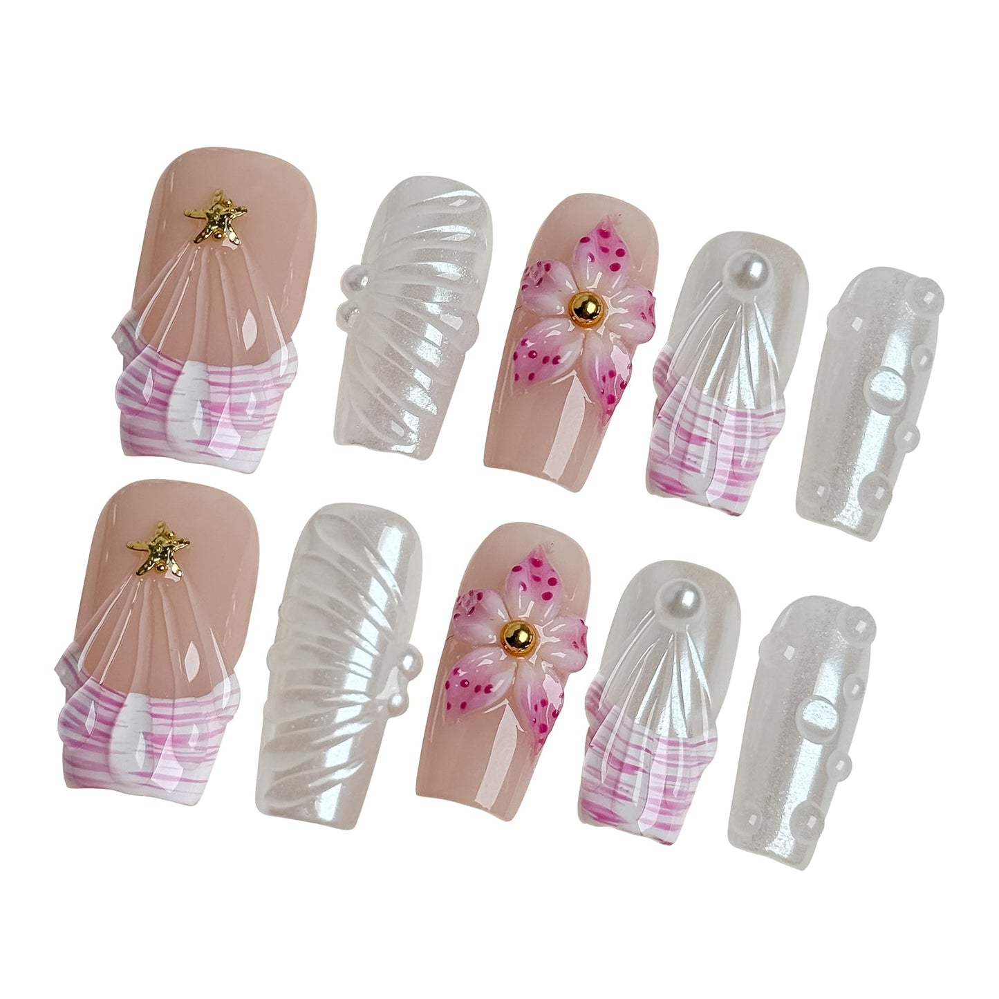 Pink Shell Dream Romantic 3D Floral Pearl Press on Nails, Elegant Girly Acrylic UV Gel Fake Nails for Women, Cute Press-Ons for Date Party Daily Wear (Pink, S)