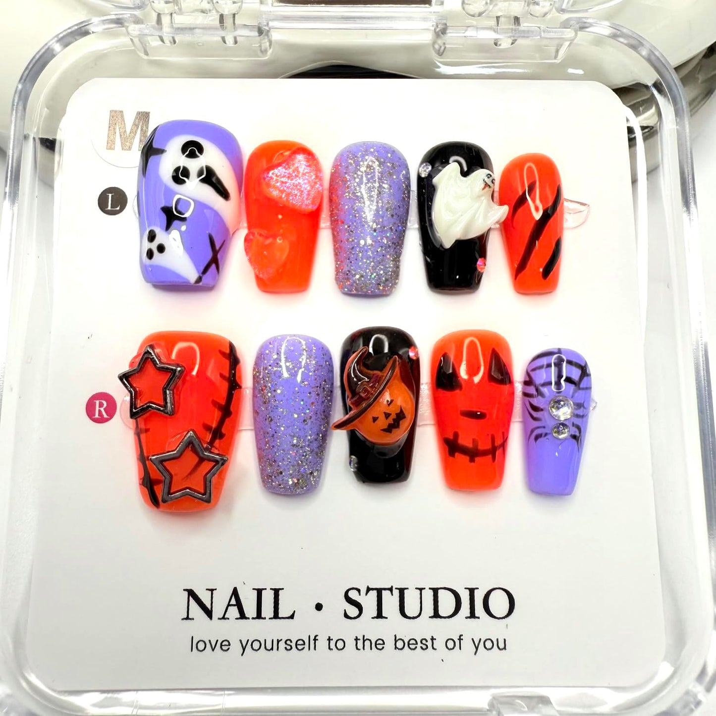Halloween Press on Nails Handmade Ghost Press on Nails Short Coffin Fake Nail with Pumpkin Head Spider Designs Full Cover Glitter Halloween Glue on Nail for Women Girls (Size S)
